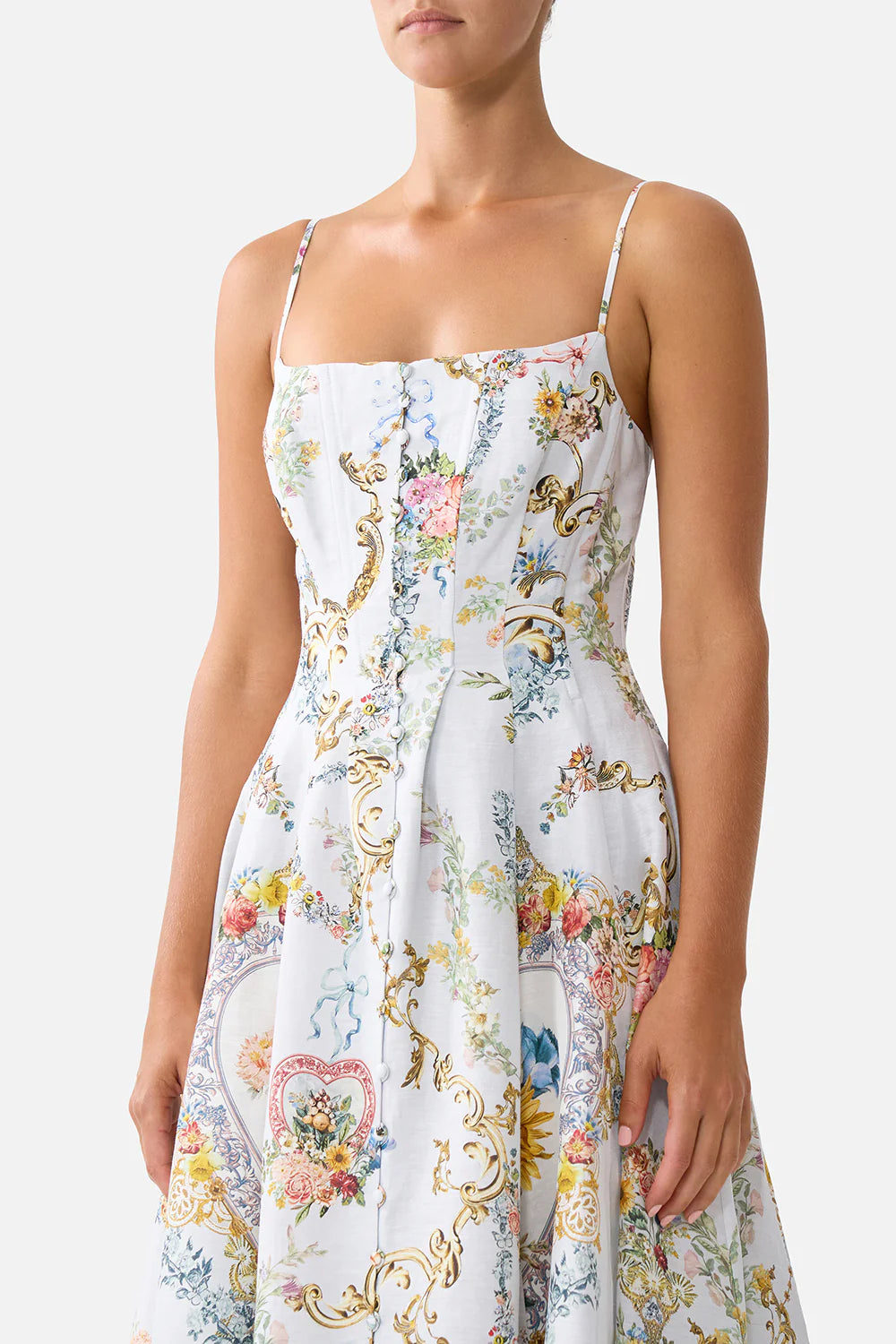 Seville Sweetheart Floral Sleeveless Linen Maxi Dress in White