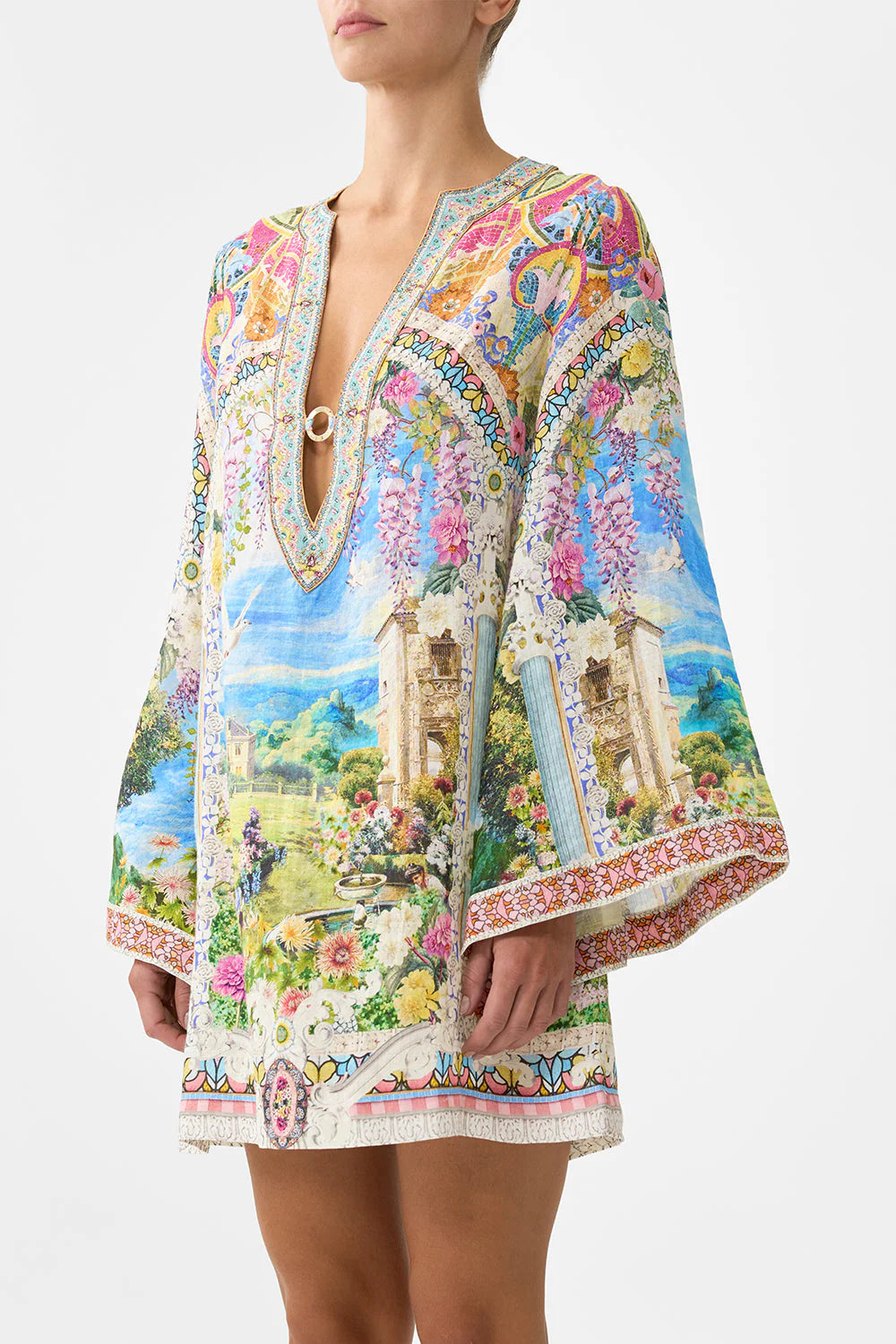Navas Nouveau Floral Linen V Neck Mini Kaftan in White