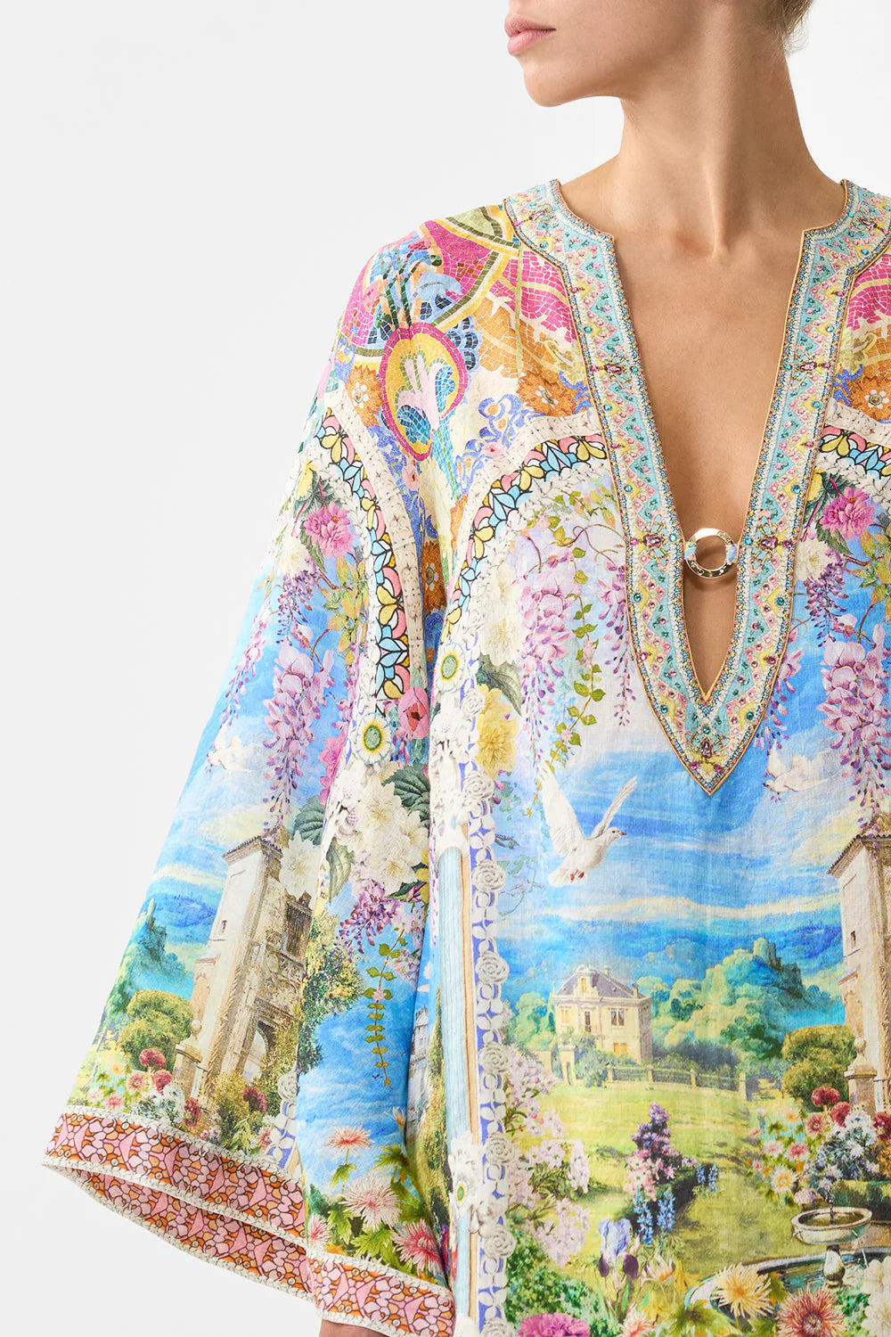 Navas Nouveau Floral Linen V Neck Mini Kaftan in White