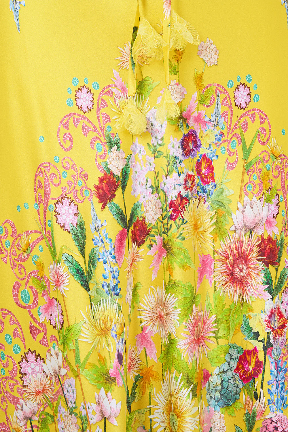 Lady Limonada Floral Silk Lace Sleeveless Slip Maxi Dress in Yellow