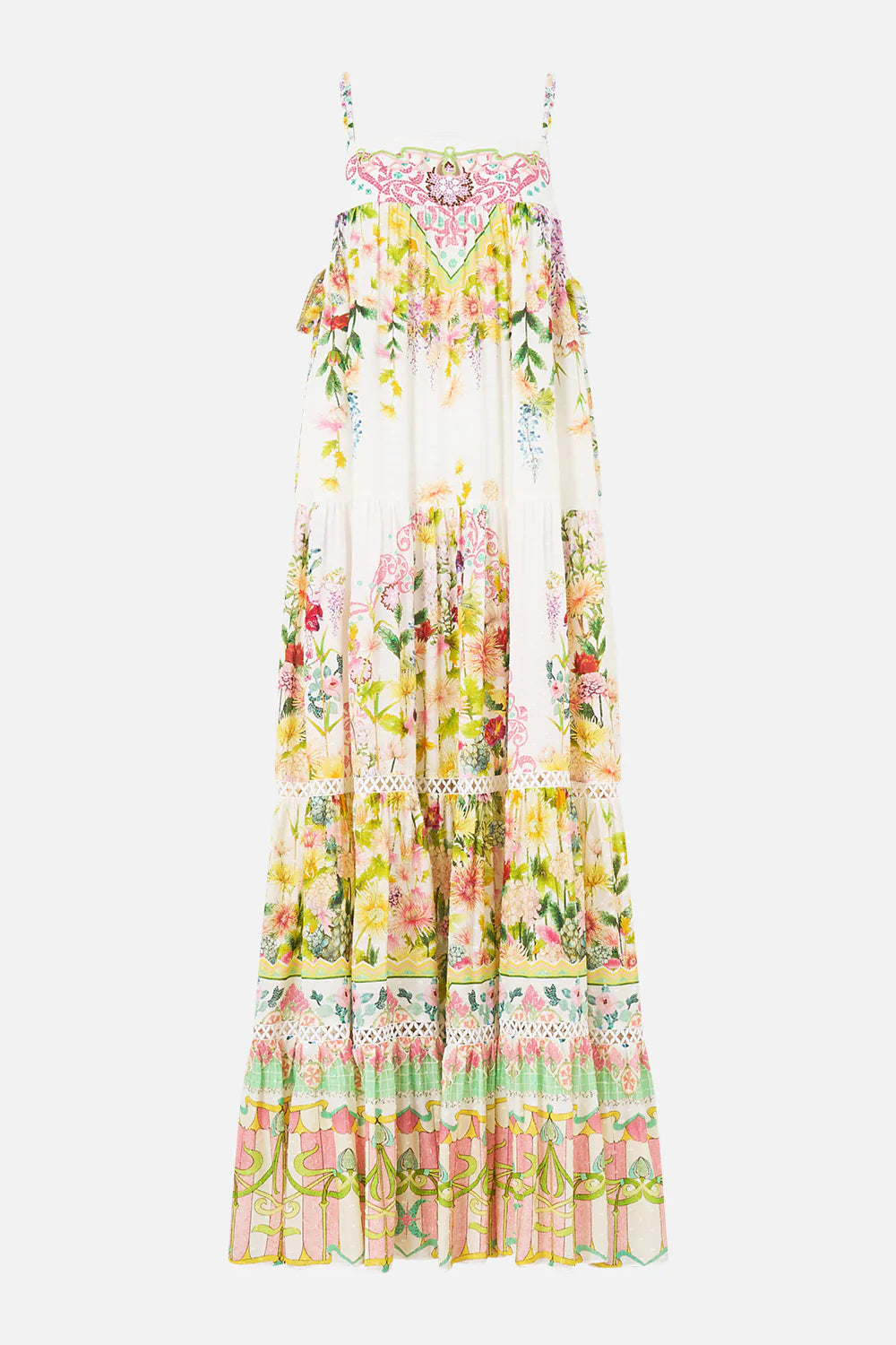 The Call Of Catalonia Floral Sleeveless Tiered Maxi Dress in White