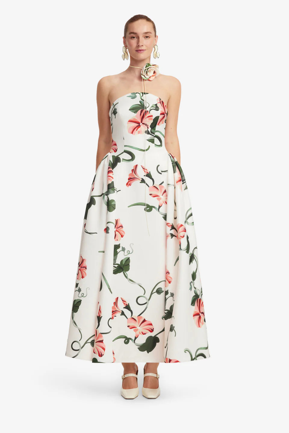 Violet Bustier Floral Maxi Dress in White with Neck Tie