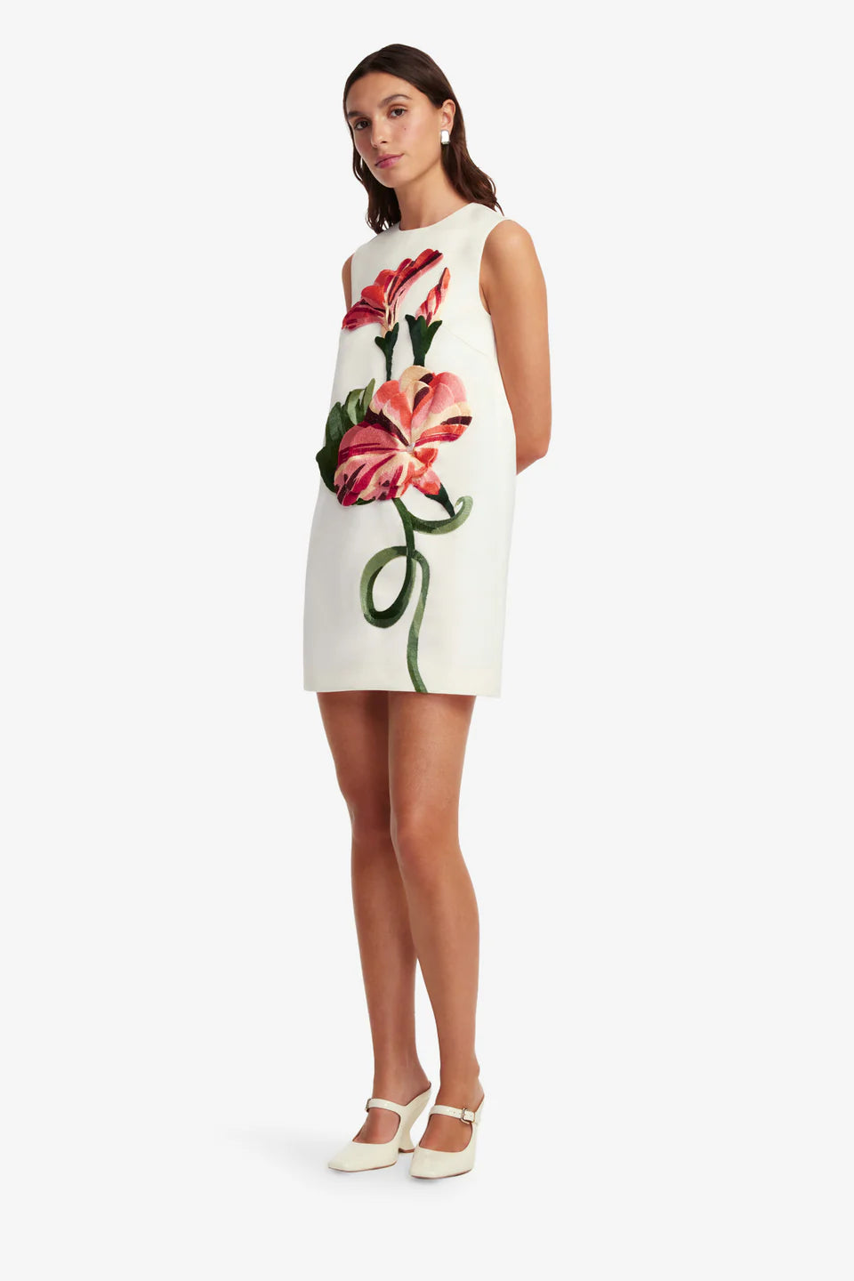 Yvonne Floral Applique Sleeveless Mini Dress in White