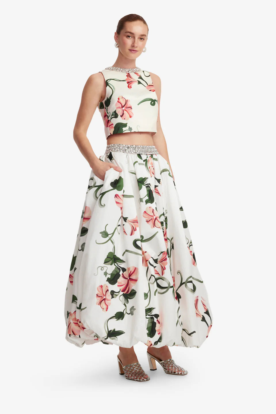 Victoria Floral Embellished Voluminous Maxi Skirt in White