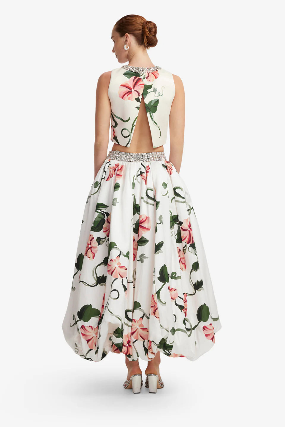 Victoria Floral Embellished Voluminous Maxi Skirt in White