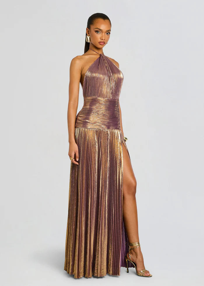 Thalia Halter Neck Evening Dress in Gold
