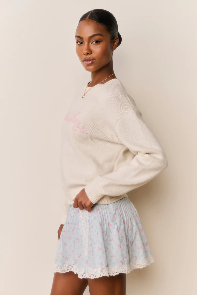 Selman Embroidered Cotton Wool Pullover Sweater in Cream