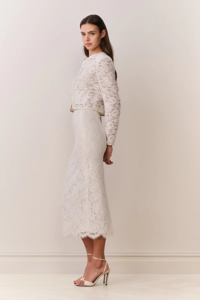 Ilse Cotton Lace Pencil Midi Skirt in Cream