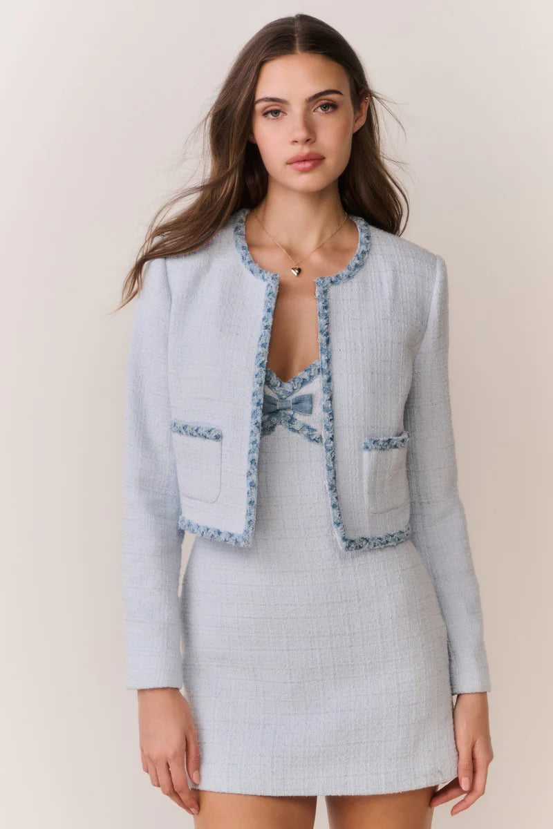Azula Denim Trimmed Tweed Jacket in Blue