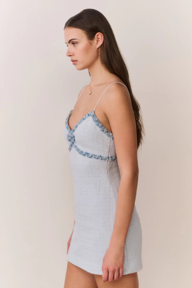 Novara Denim Trimmed Tweed Sleeveless Mini Dress in Blue