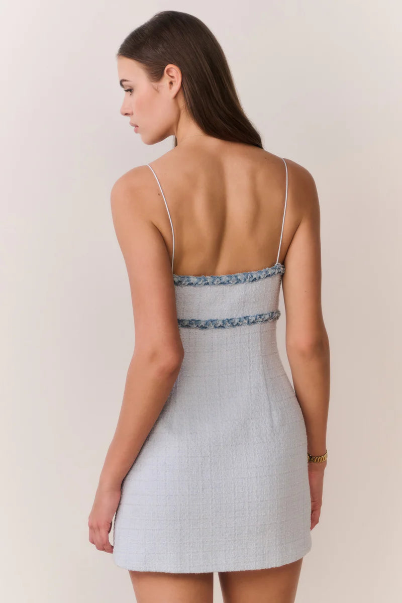 Novara Denim Trimmed Tweed Sleeveless Mini Dress in Blue