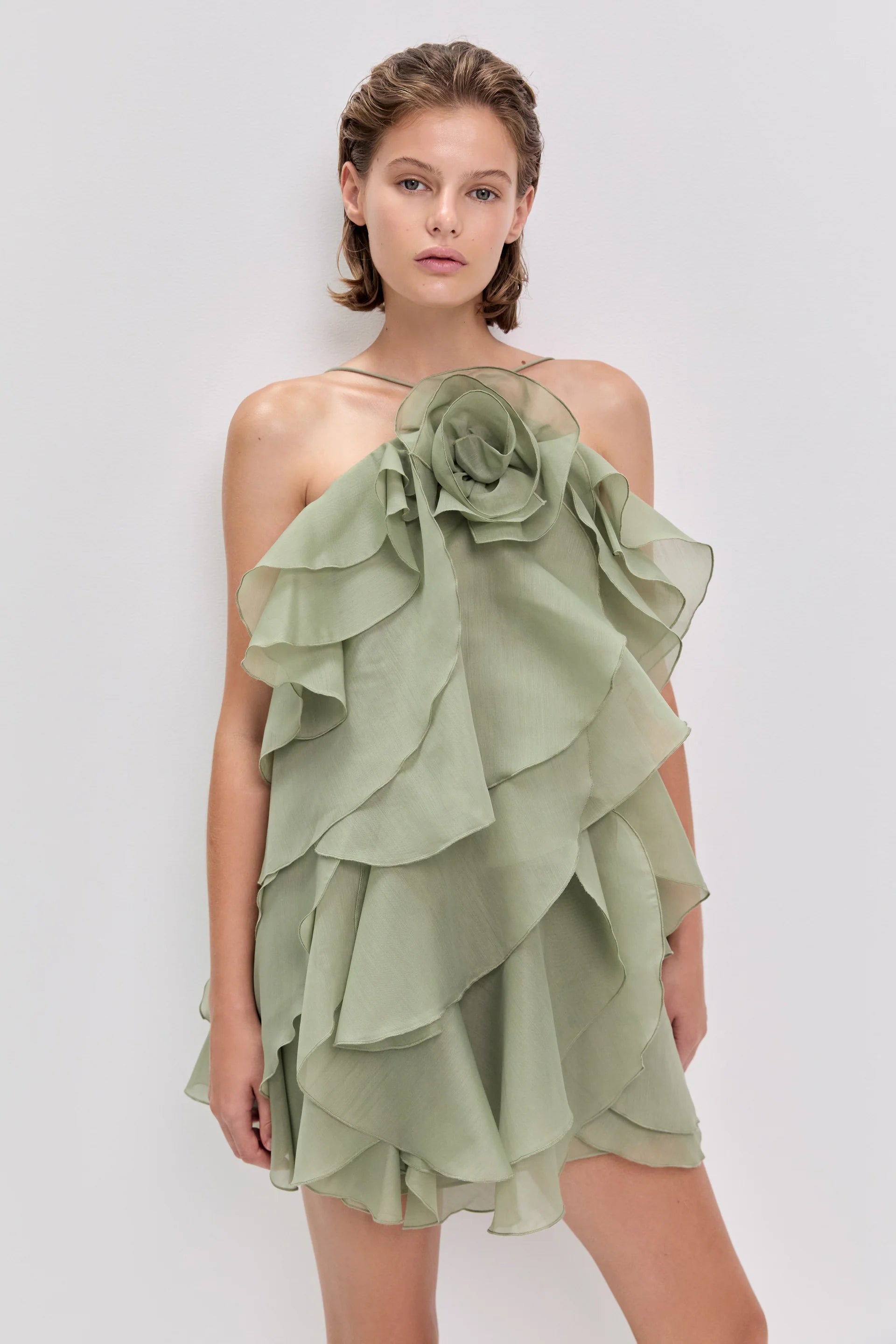 Pandorea Floral Ruffles Sleeveless Mini Dress in Green