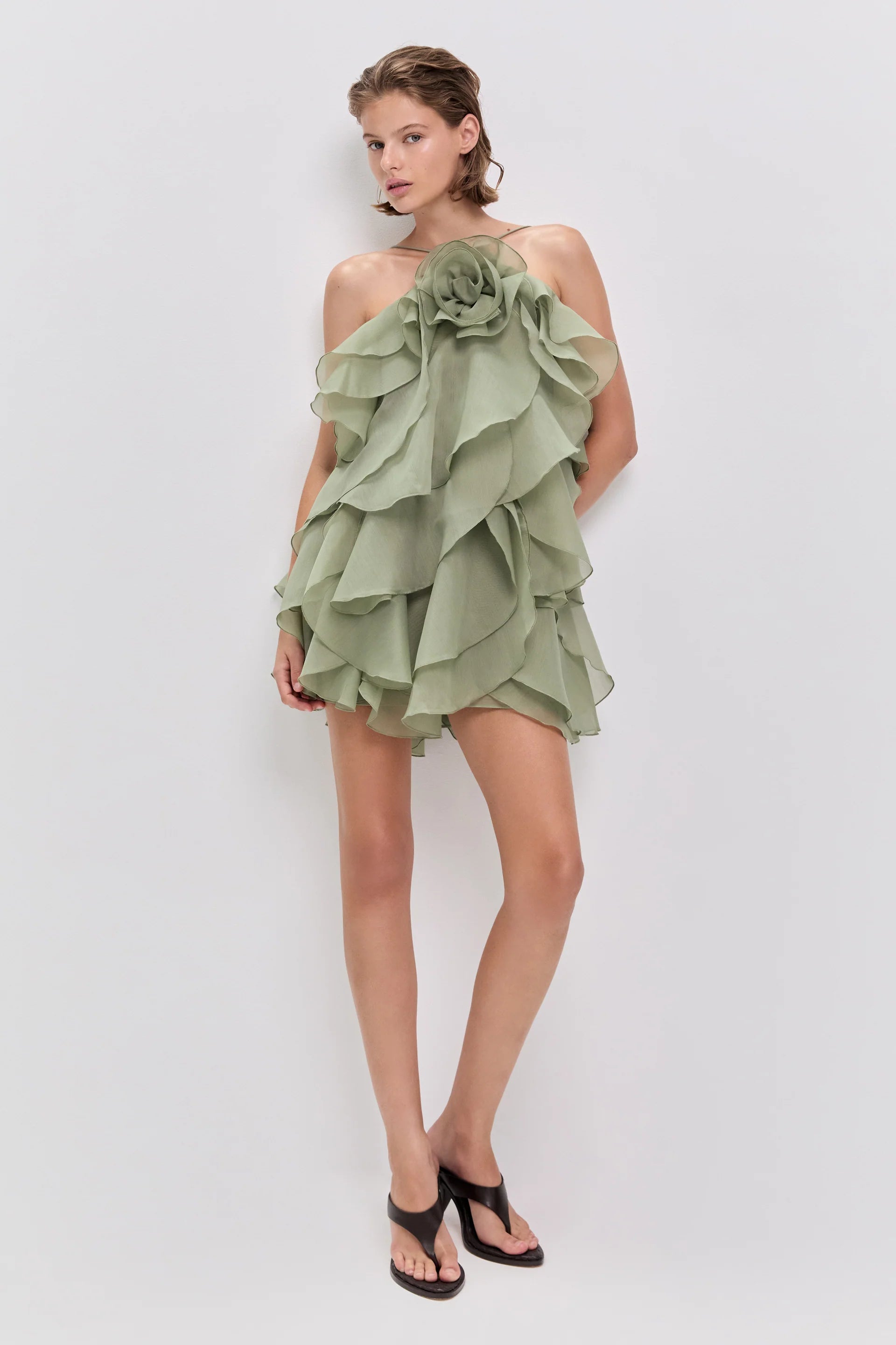 Pandorea Floral Ruffles Sleeveless Mini Dress in Green