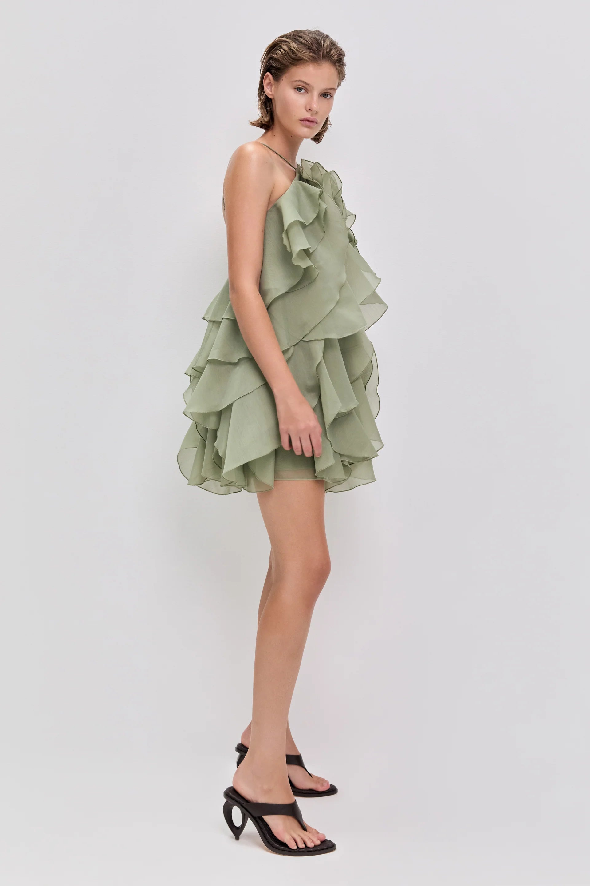 Pandorea Floral Ruffles Sleeveless Mini Dress in Green