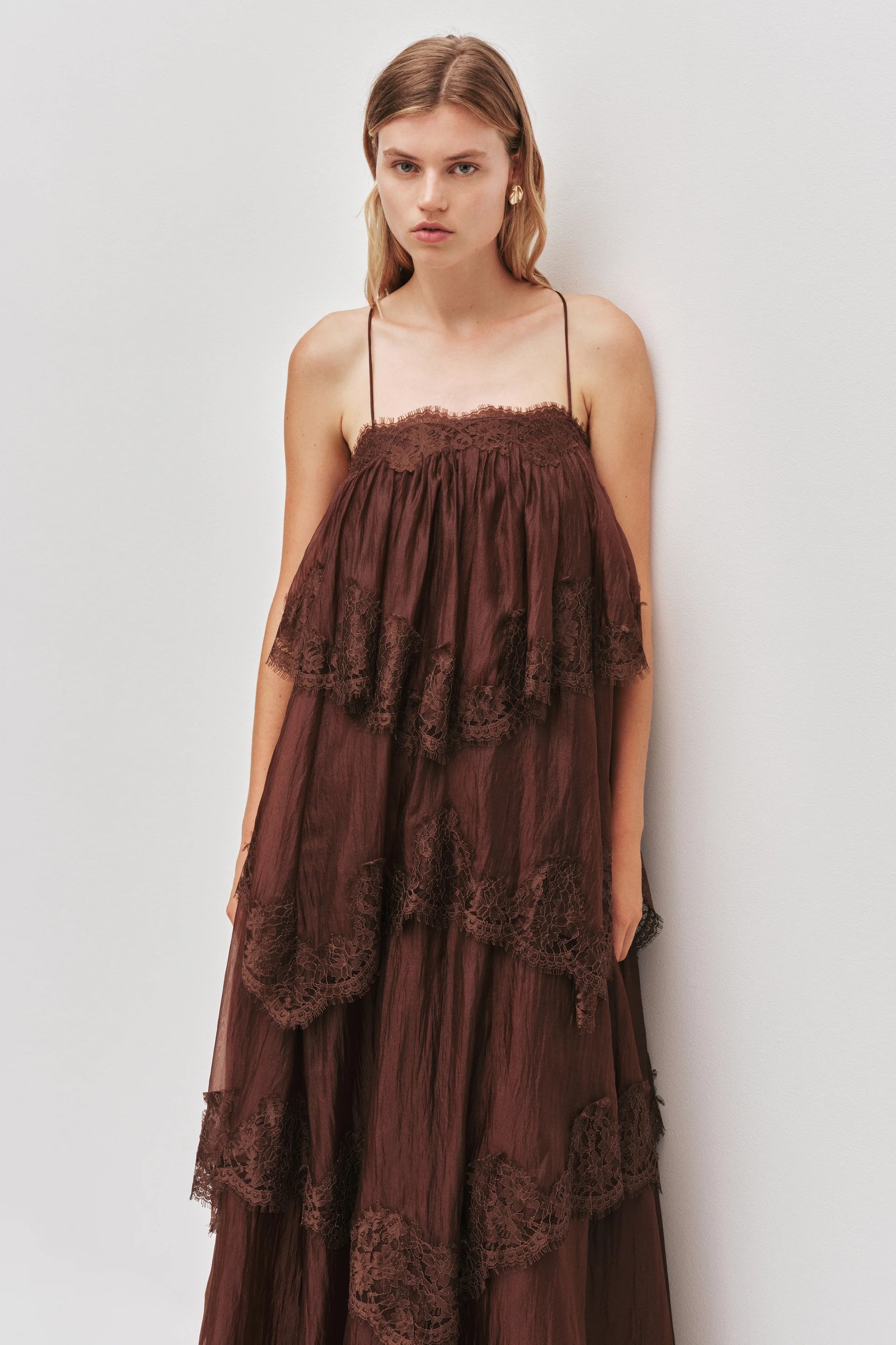 Ophelia Sleeveless Lace Maxi Dress in Brown