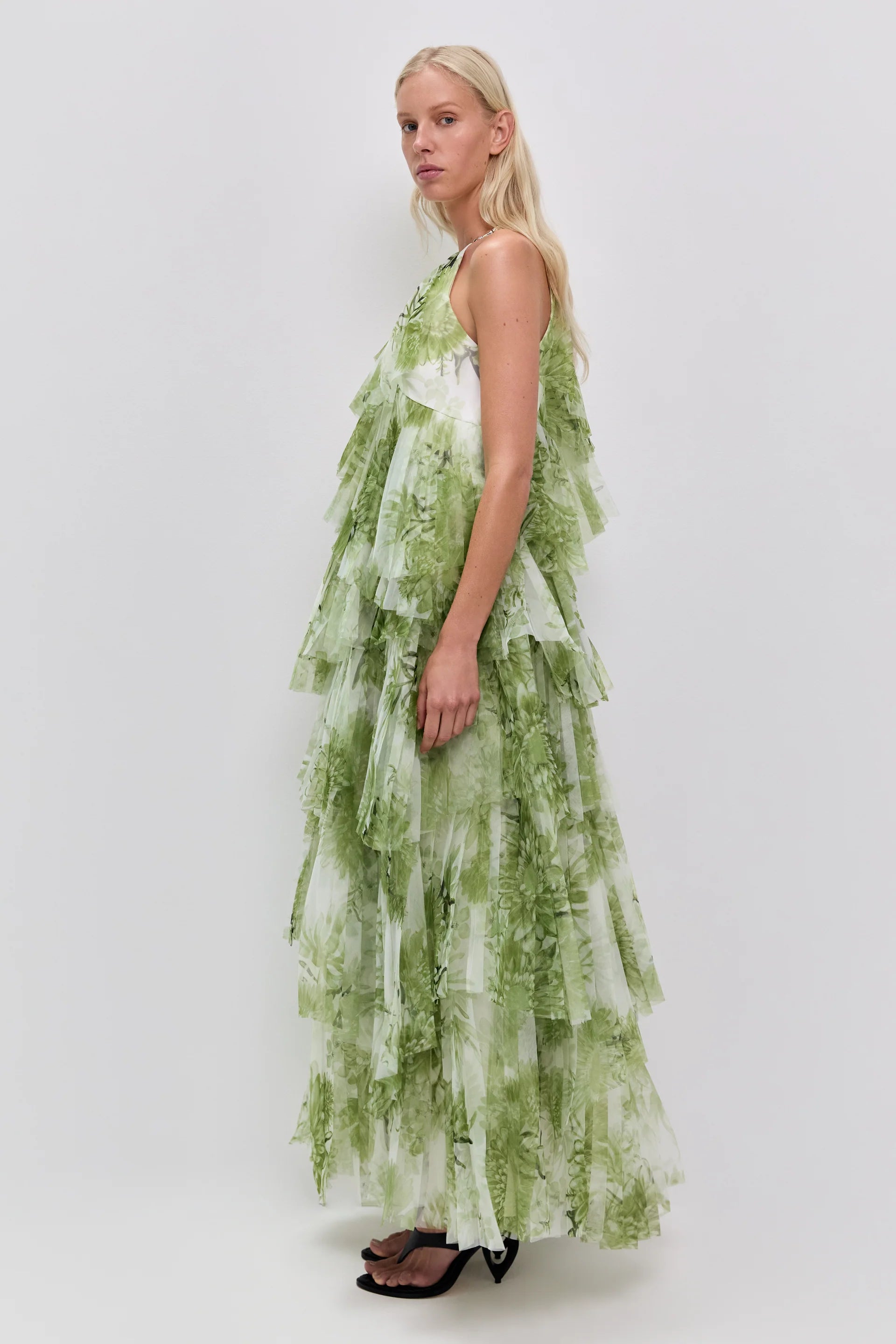 Westlyn Floral Ruffles Sleeveless Maxi Dress in White