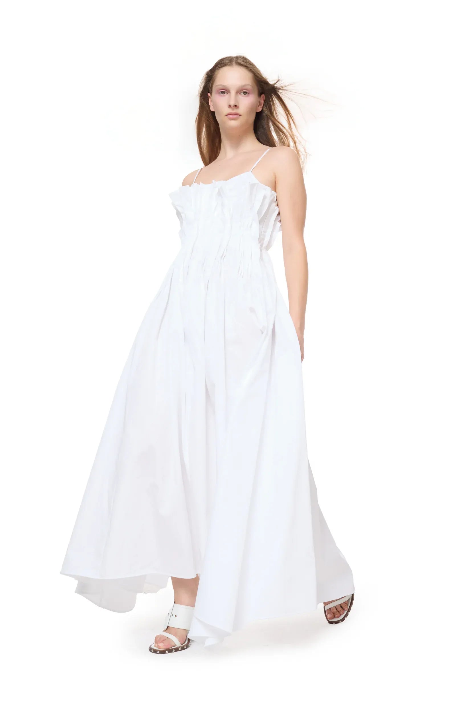 Cinched Pleated Organic Cotton Sleeveless Midi Dress in White