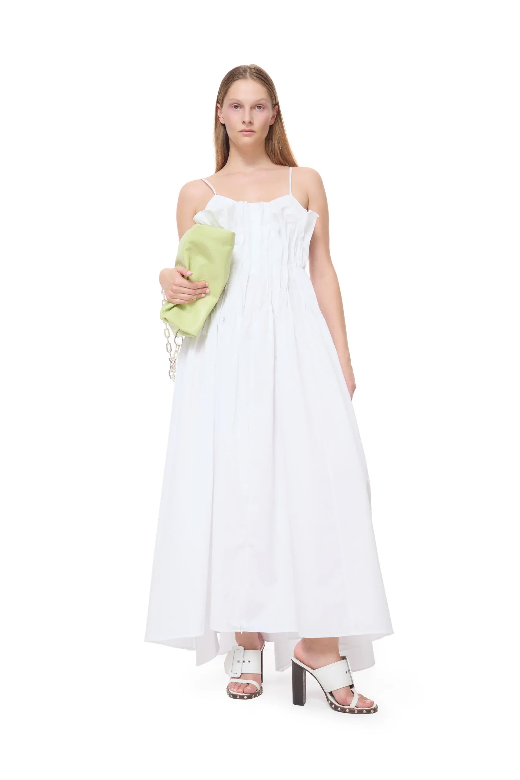 Cinched Pleated Organic Cotton Sleeveless Midi Dress in White