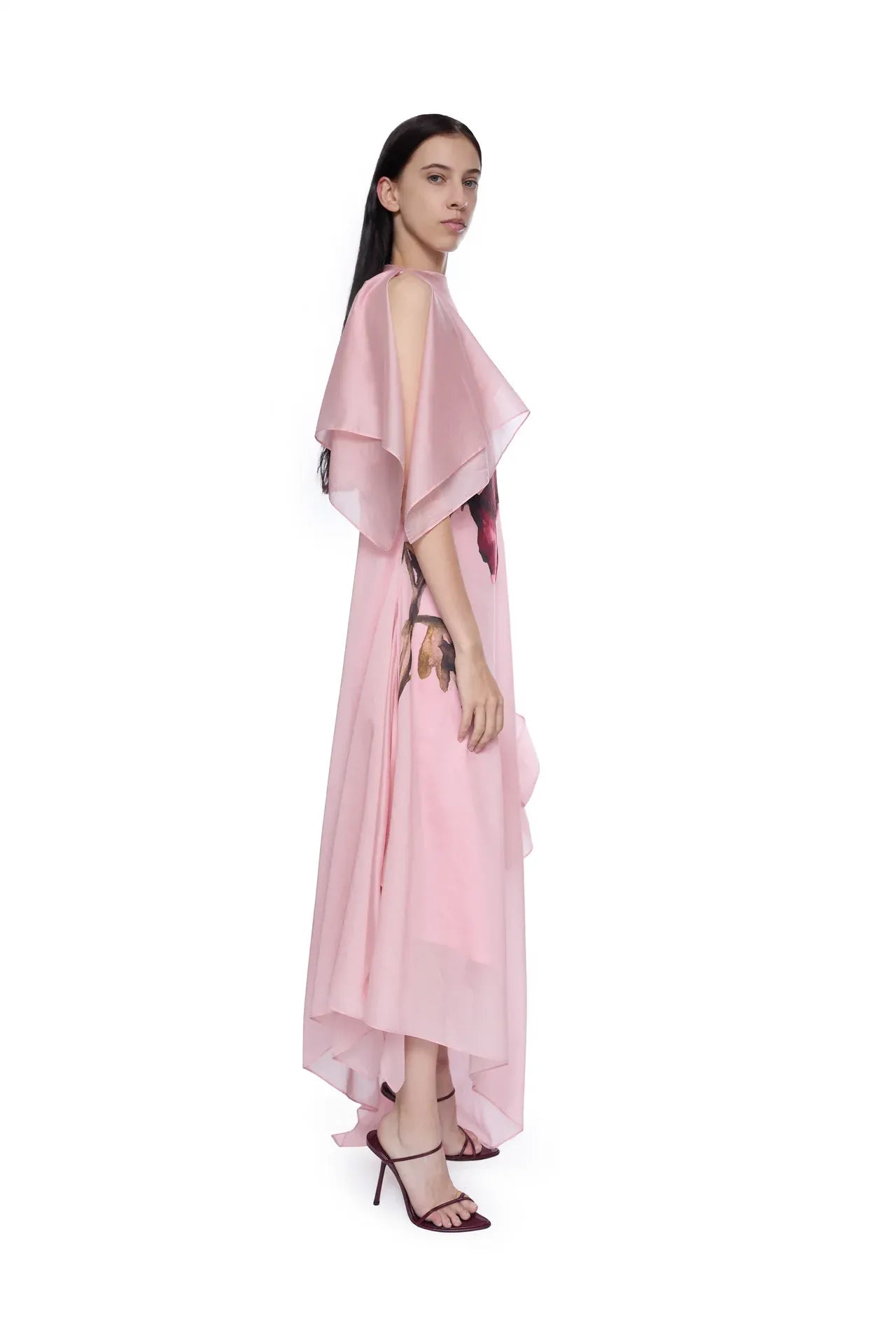 Watercolor Flower Printed Floral Scarf Linen Cotton Midi Dress in Pink