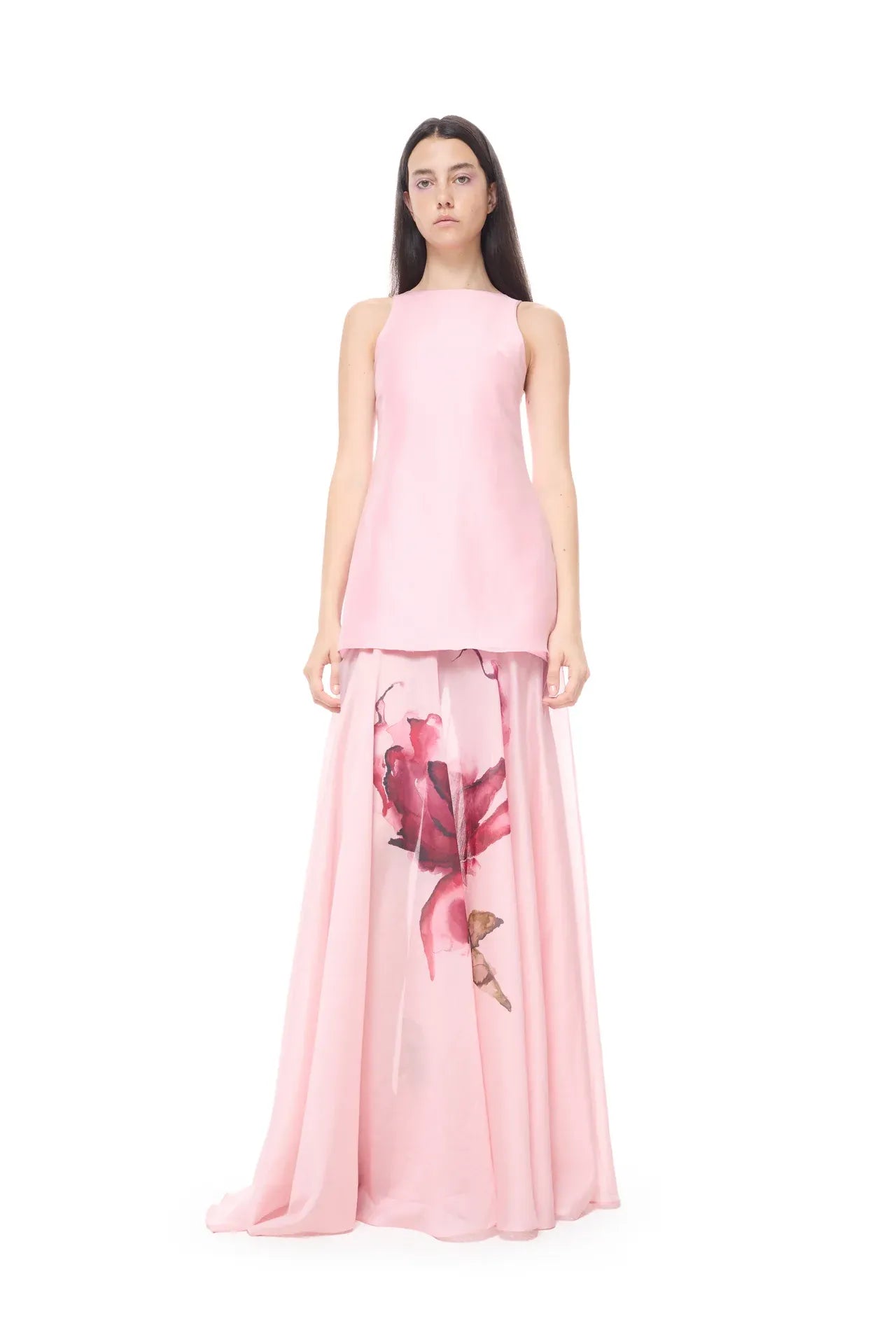 Watercolor Flower Printed Floral Linen Cotton Maxi Dress in Pink