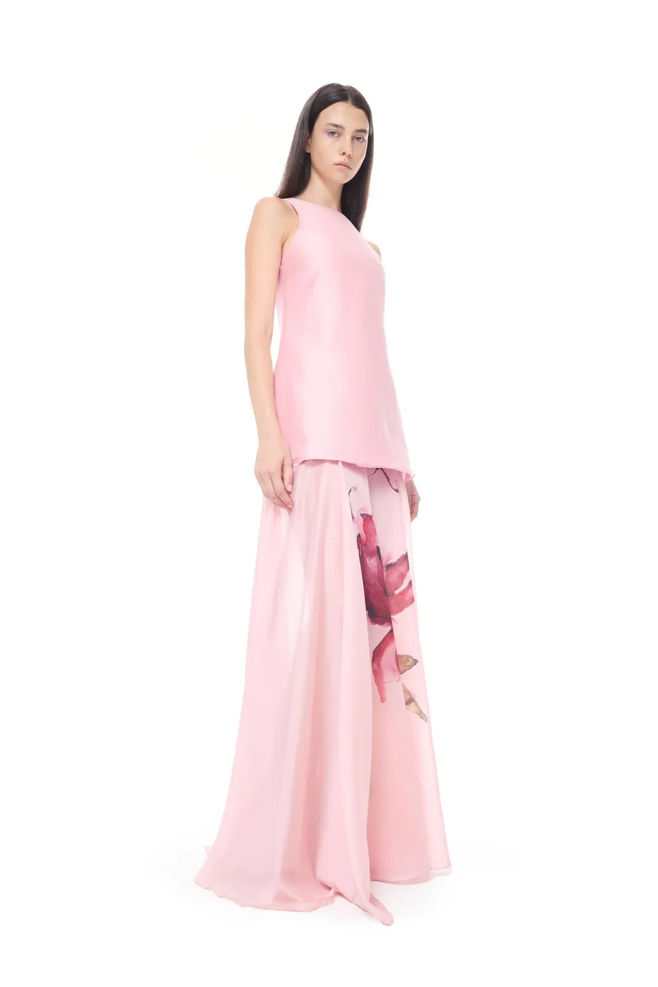Watercolor Flower Printed Floral Linen Cotton Maxi Dress in Pink