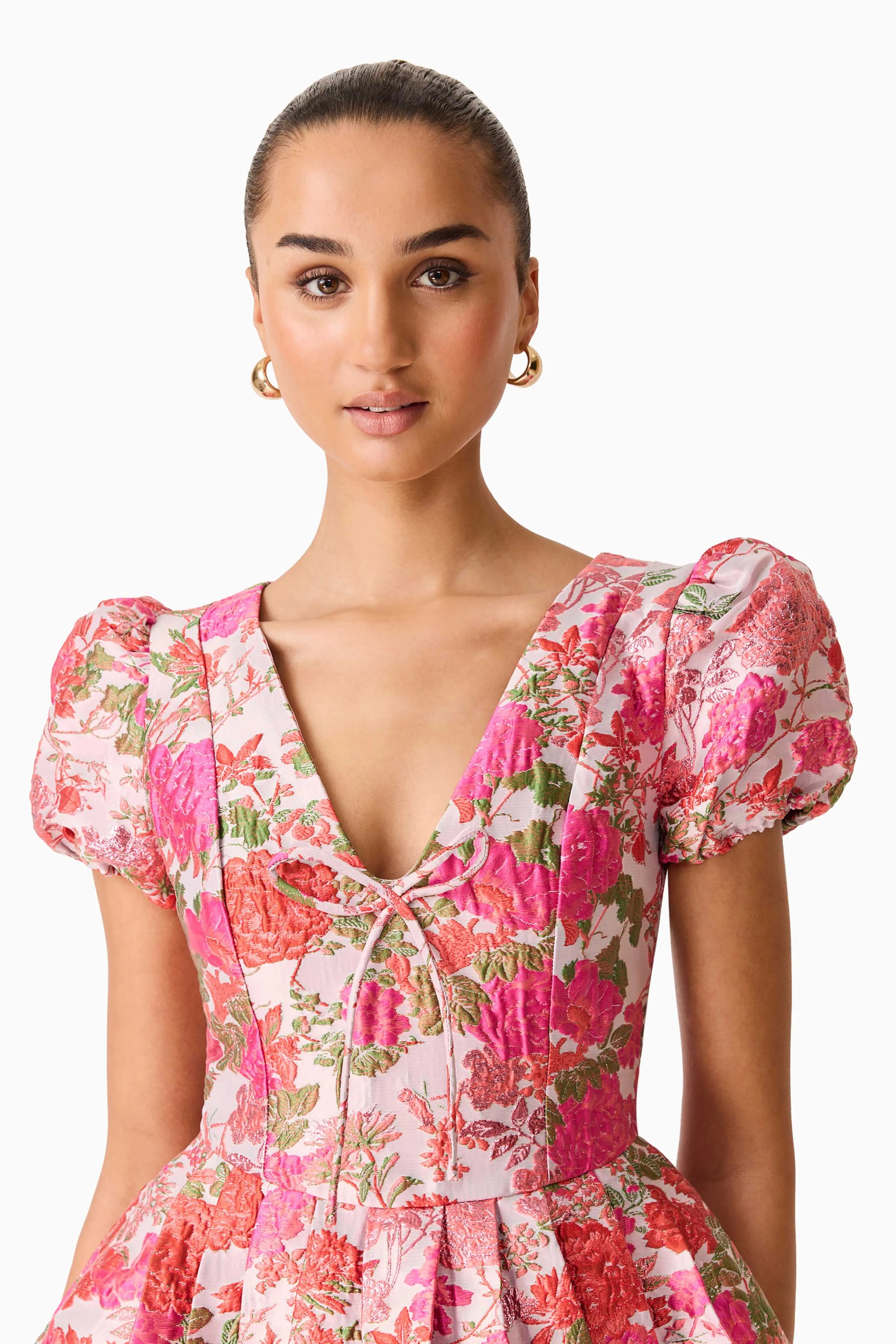 Floralie Short Sleeves Floral Mini Dress in Pink