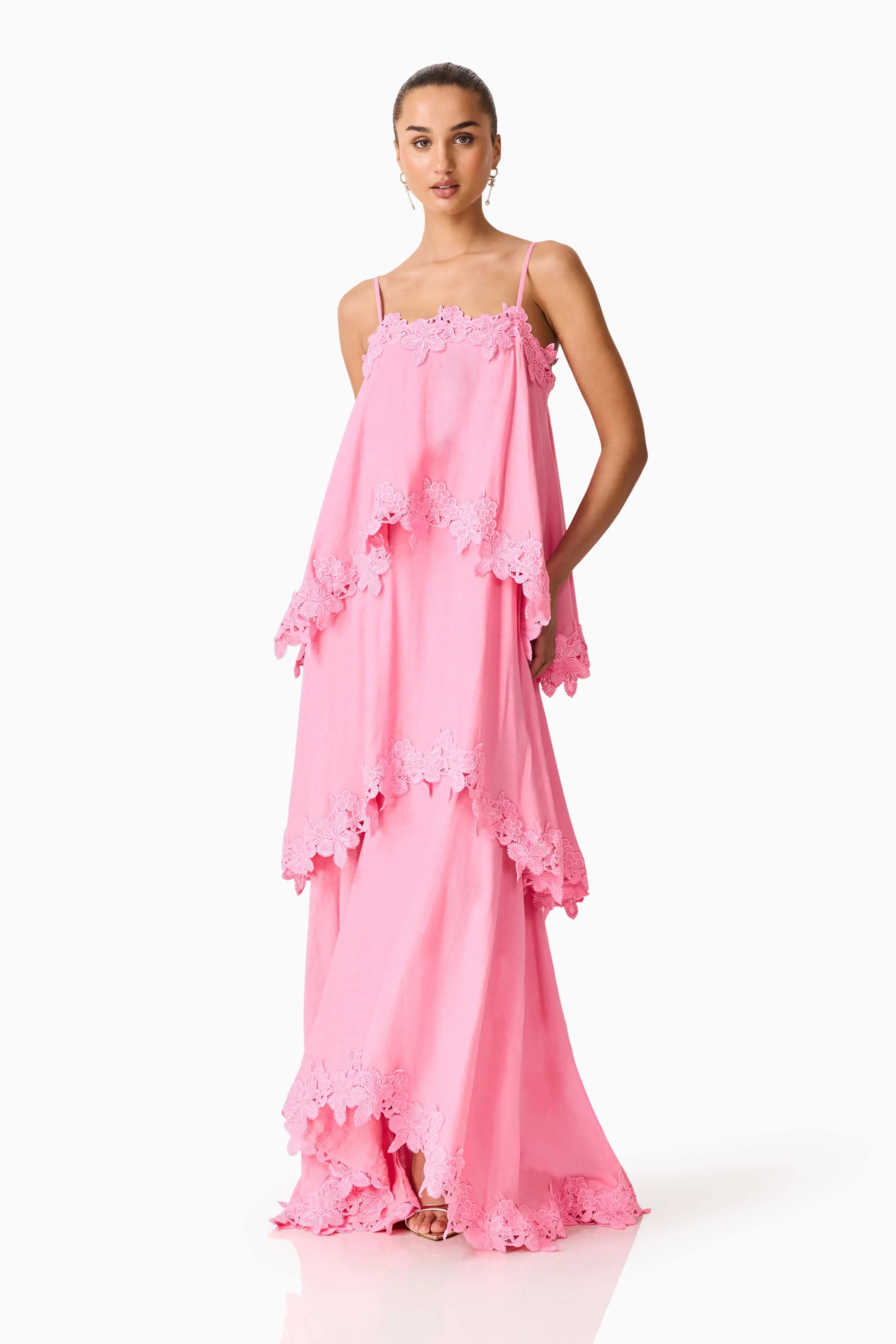 Miri Floral Tiered Sleeveless Linen Maxi Dress in Pink
