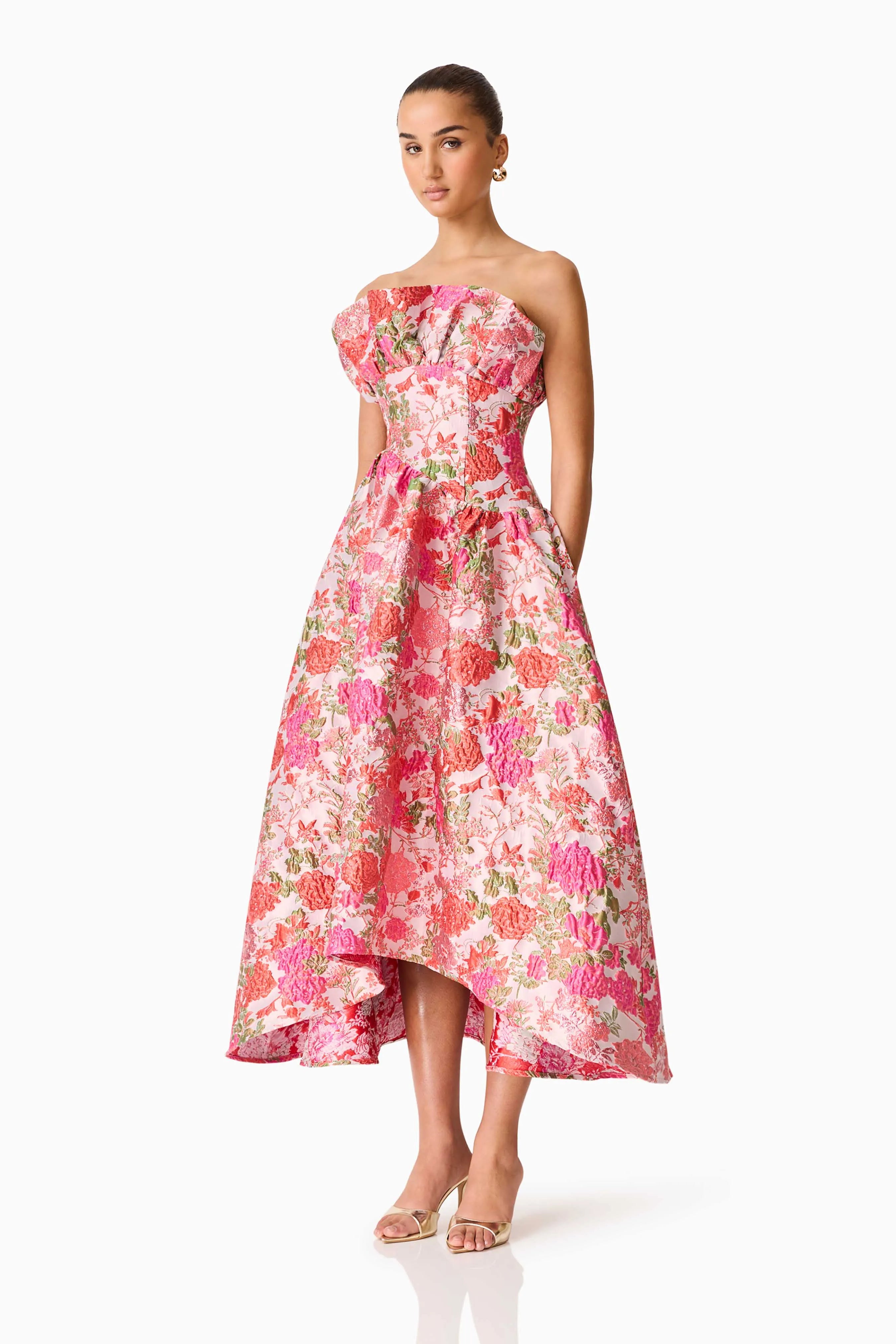 Floralie Strapless Floral Maxi Dress in Pink