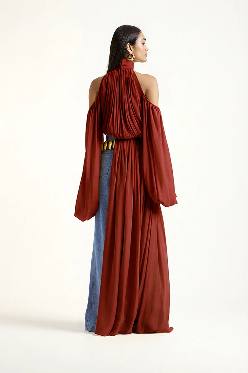 Sage Shoulder Cut Out Chiffon Top in Red