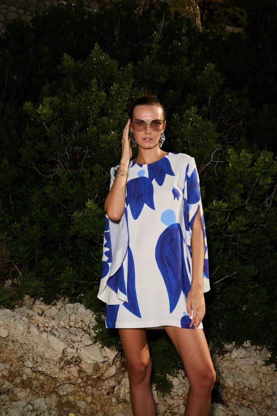 Theano Sabra Cape Sleeves Silk Mini Dress in Blue and White