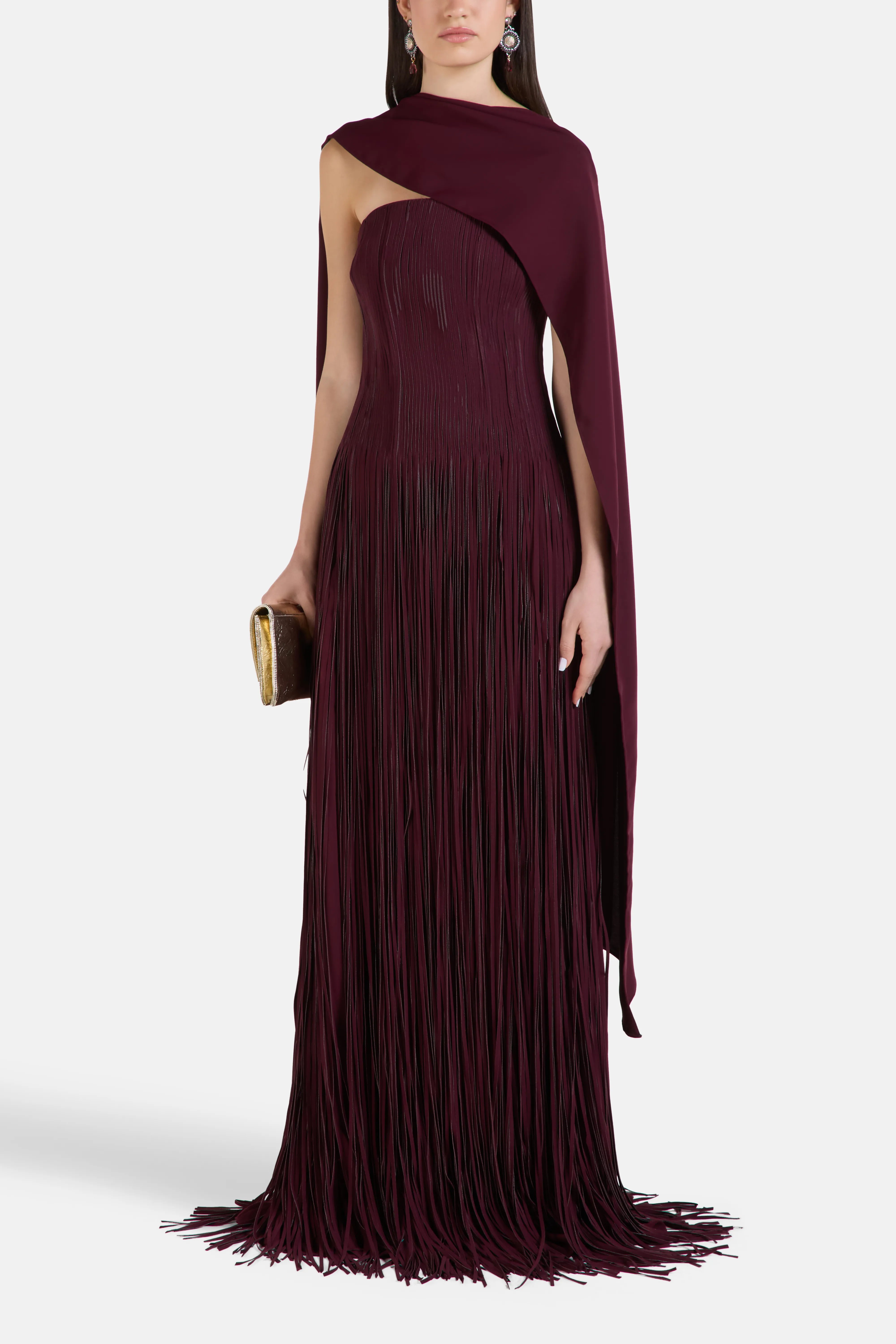 Strapless Crepe Corset Cape Evening Gown in Maroon