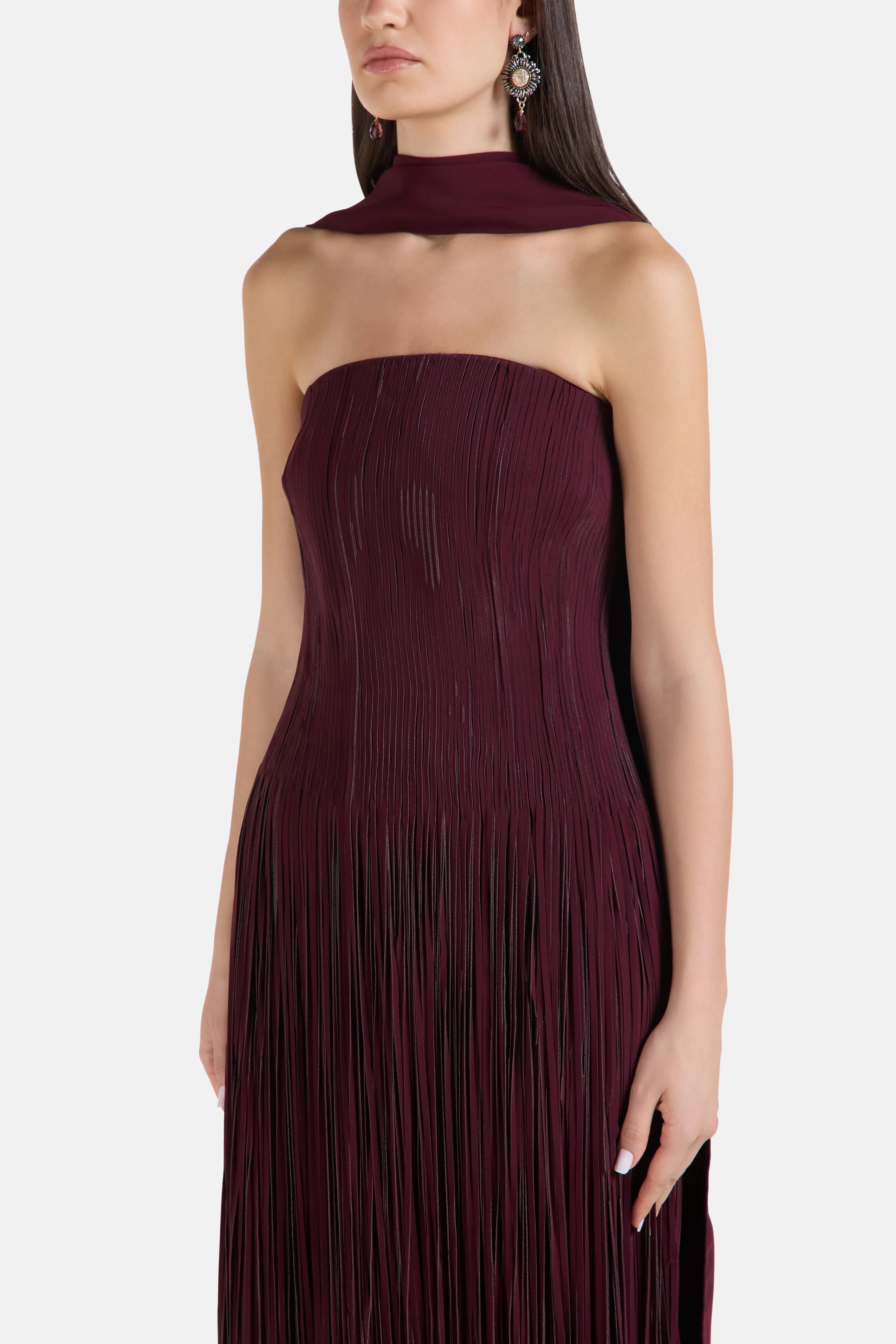 Strapless Crepe Corset Cape Evening Gown in Maroon