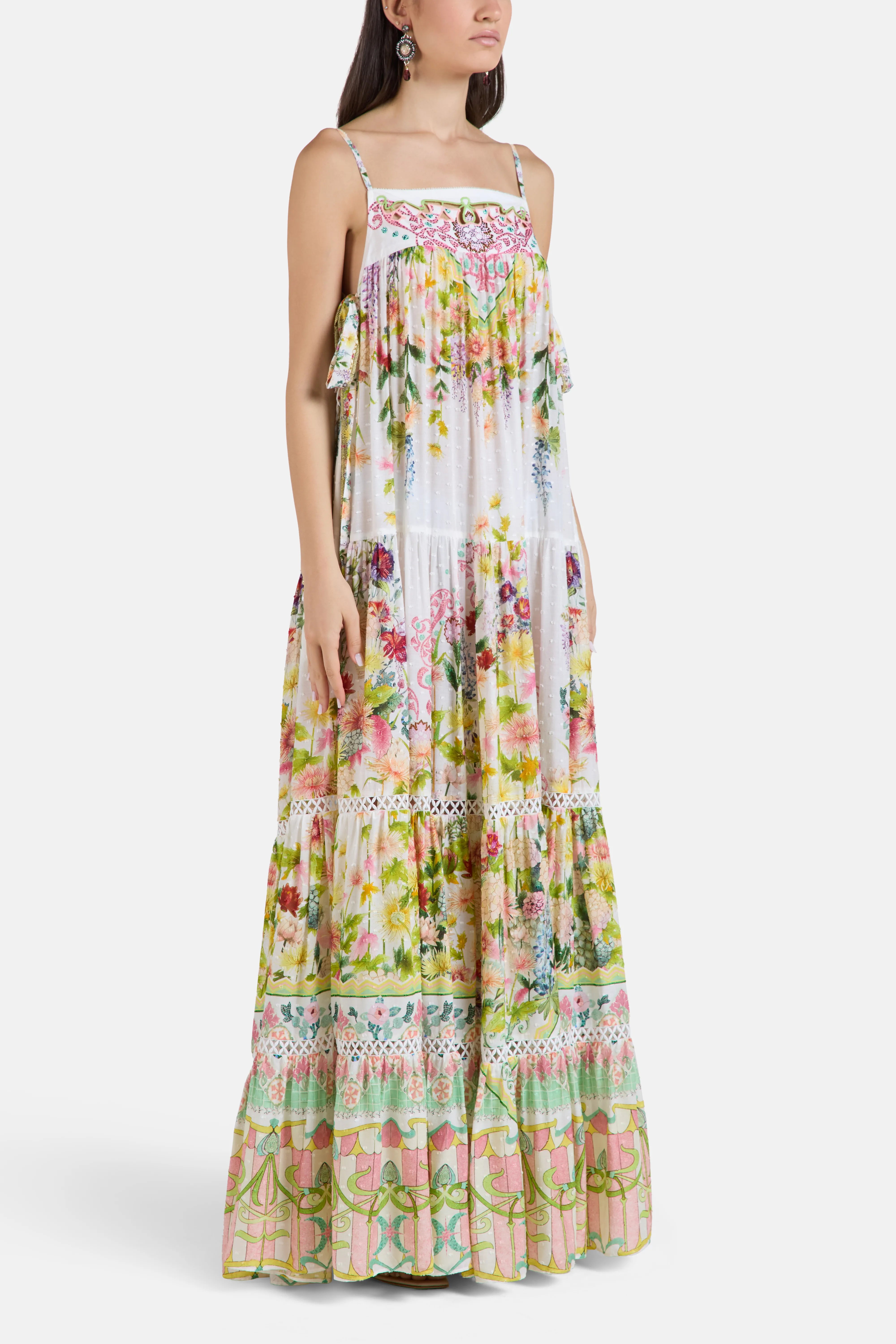 The Call Of Catalonia Floral Sleeveless Tiered Maxi Dress in White