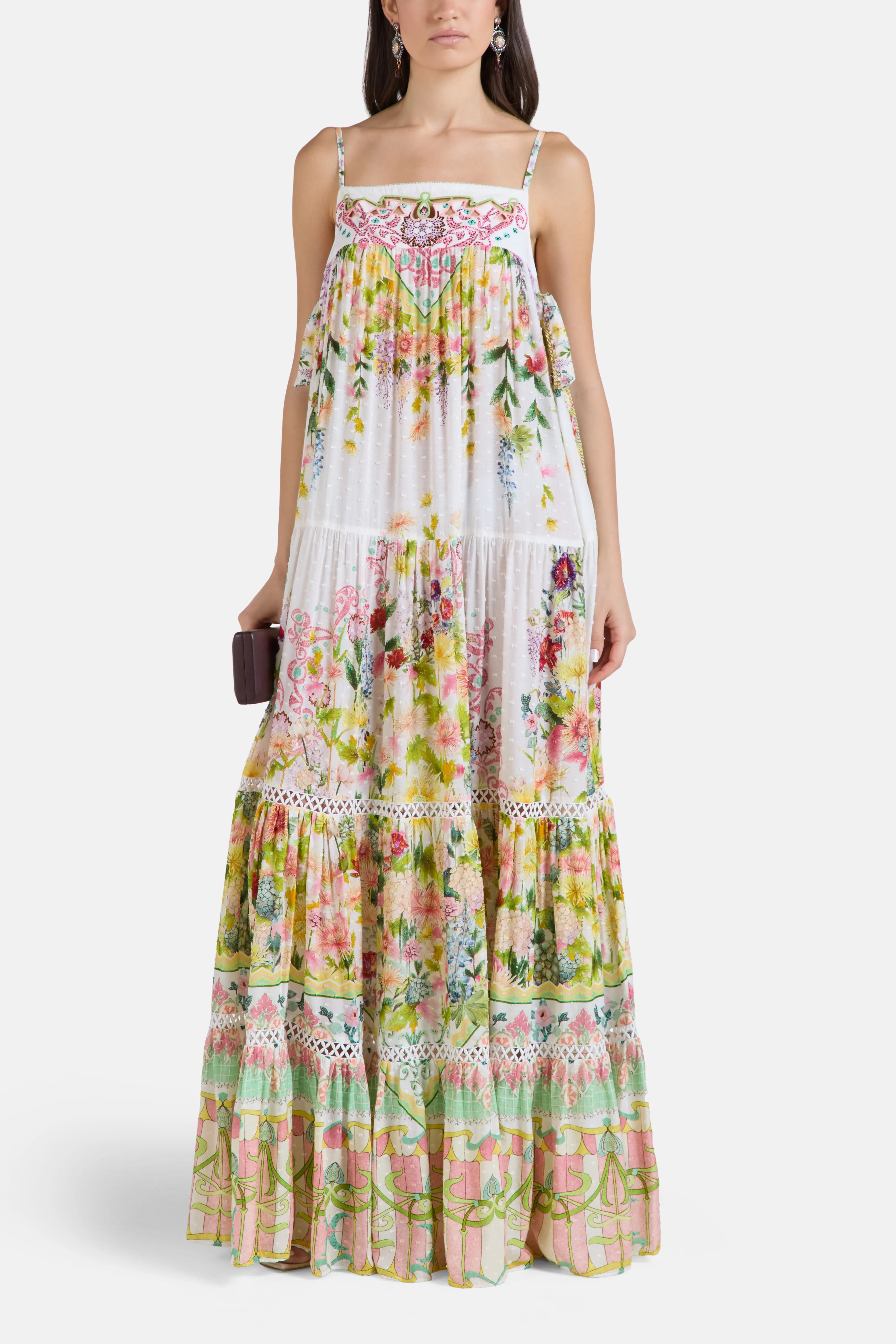 The Call Of Catalonia Floral Sleeveless Tiered Maxi Dress in White