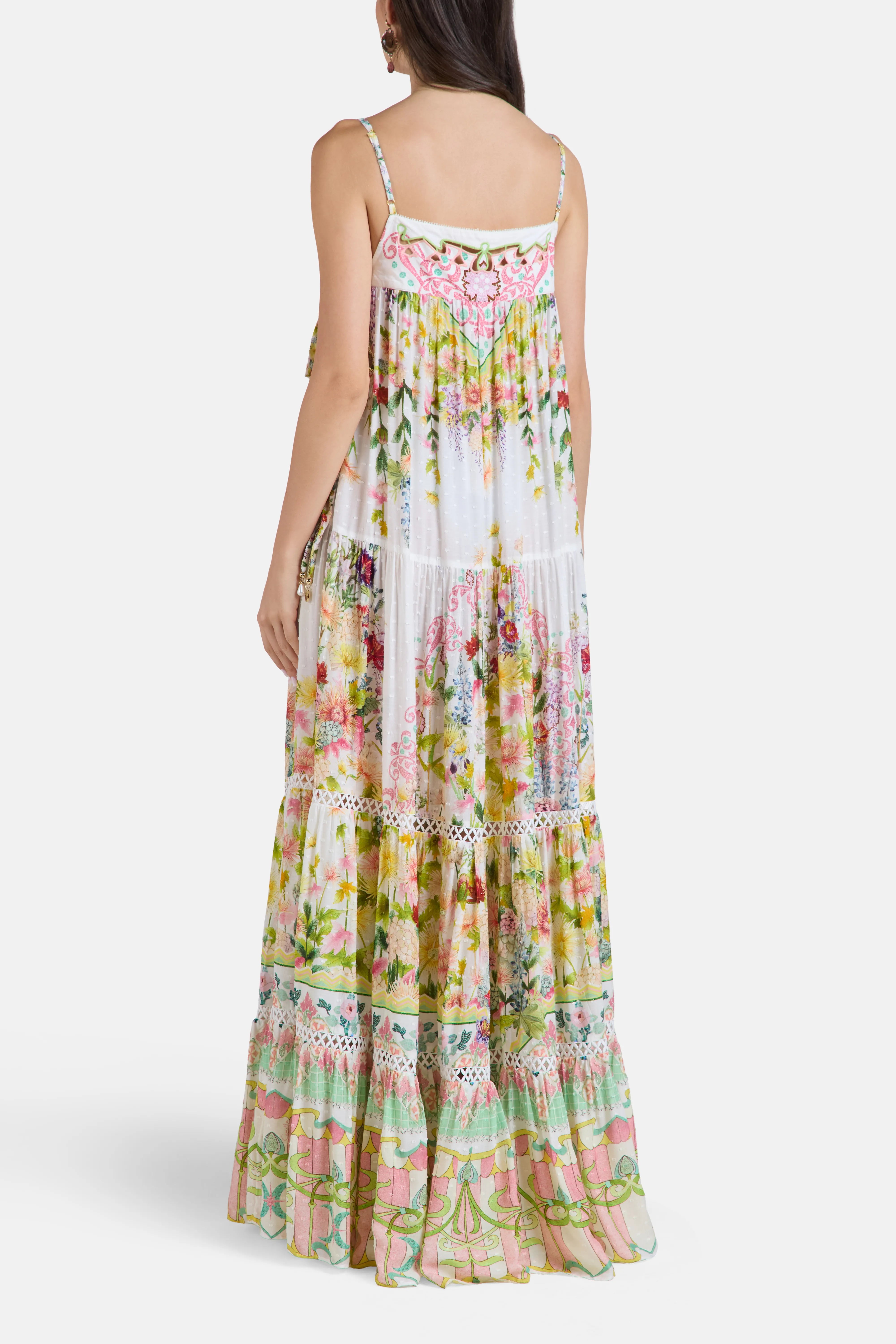The Call Of Catalonia Floral Sleeveless Tiered Maxi Dress in White