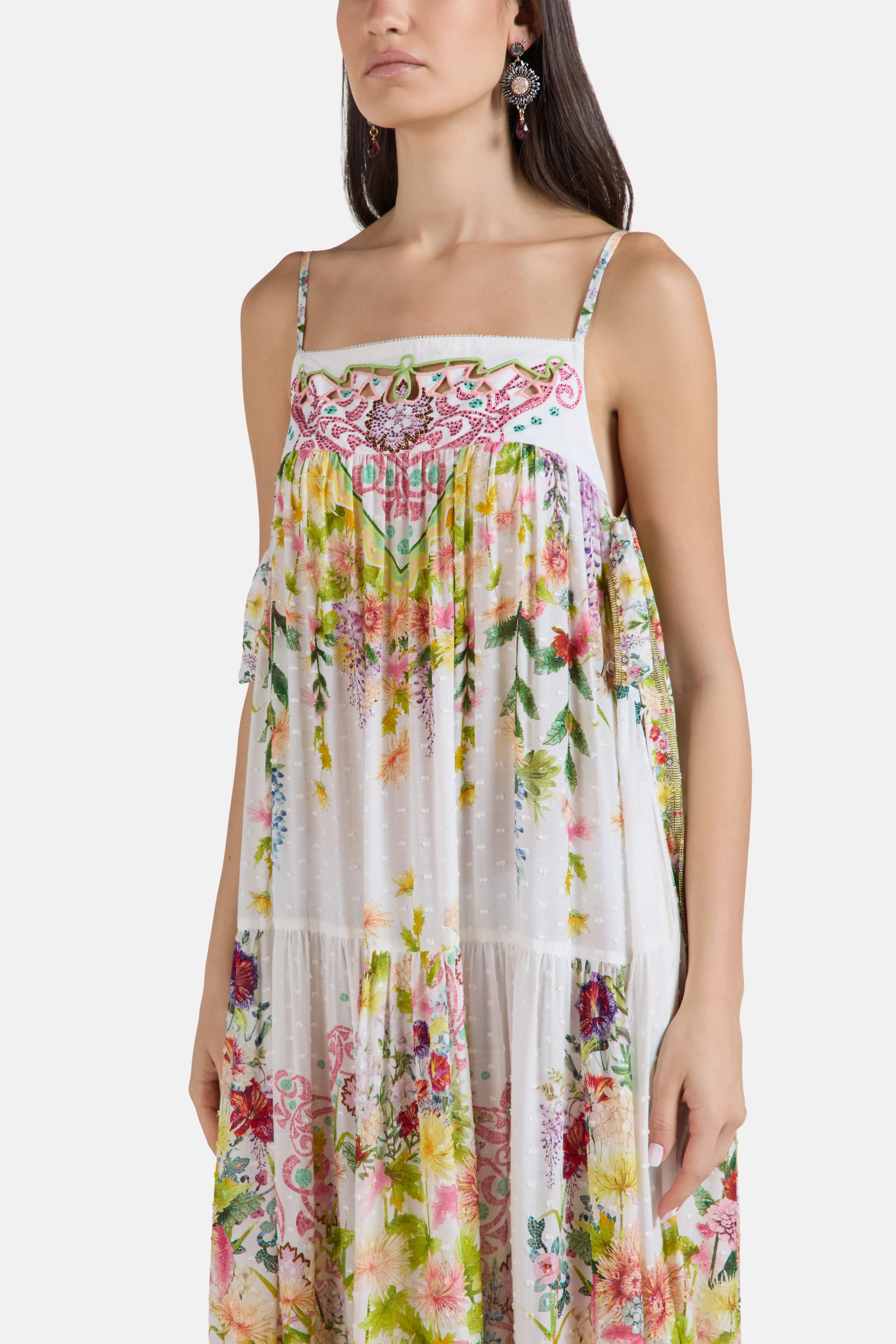 The Call Of Catalonia Floral Sleeveless Tiered Maxi Dress in White