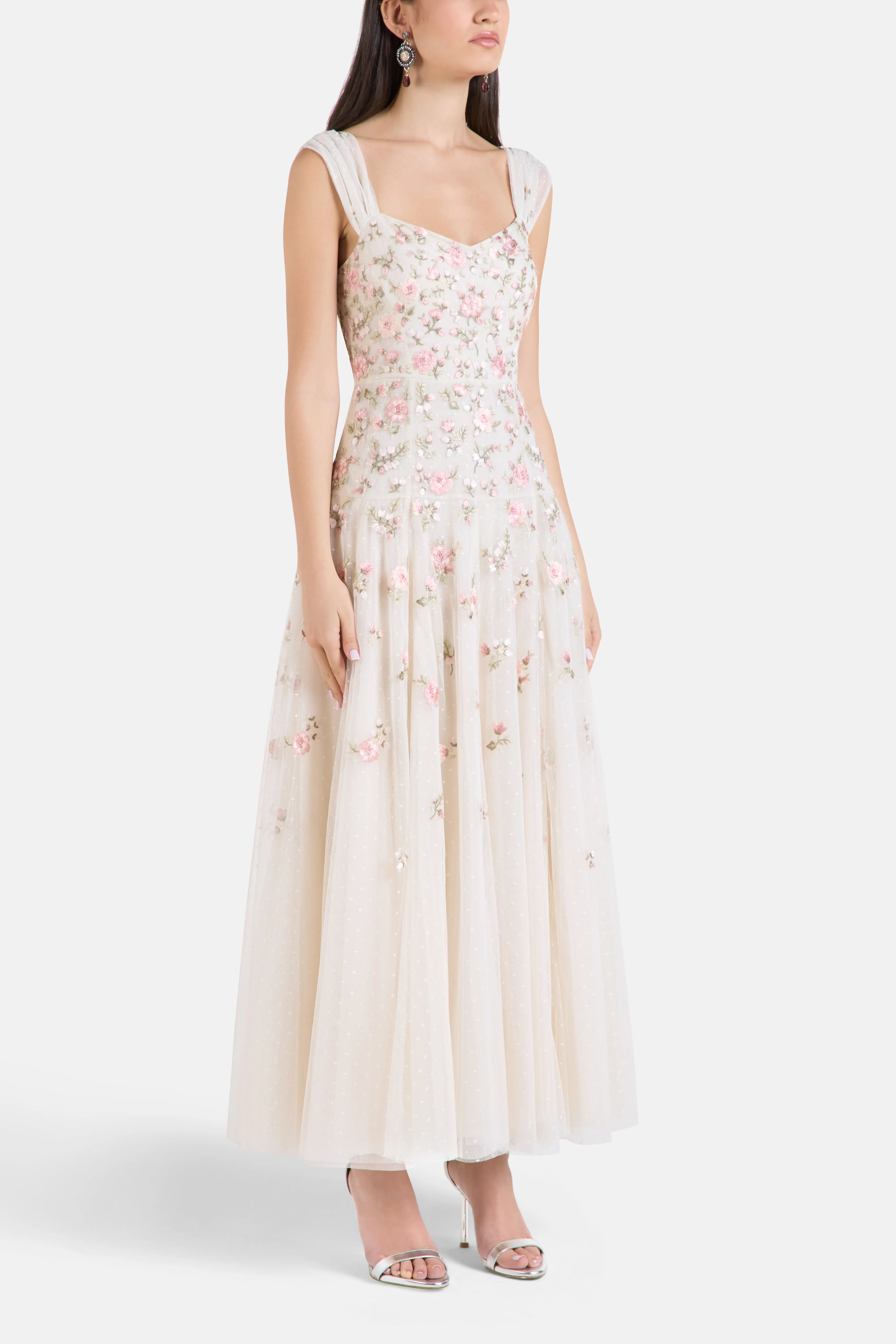 Mayflower Ditsy Floral Sleeveless Evening Dress in Cream