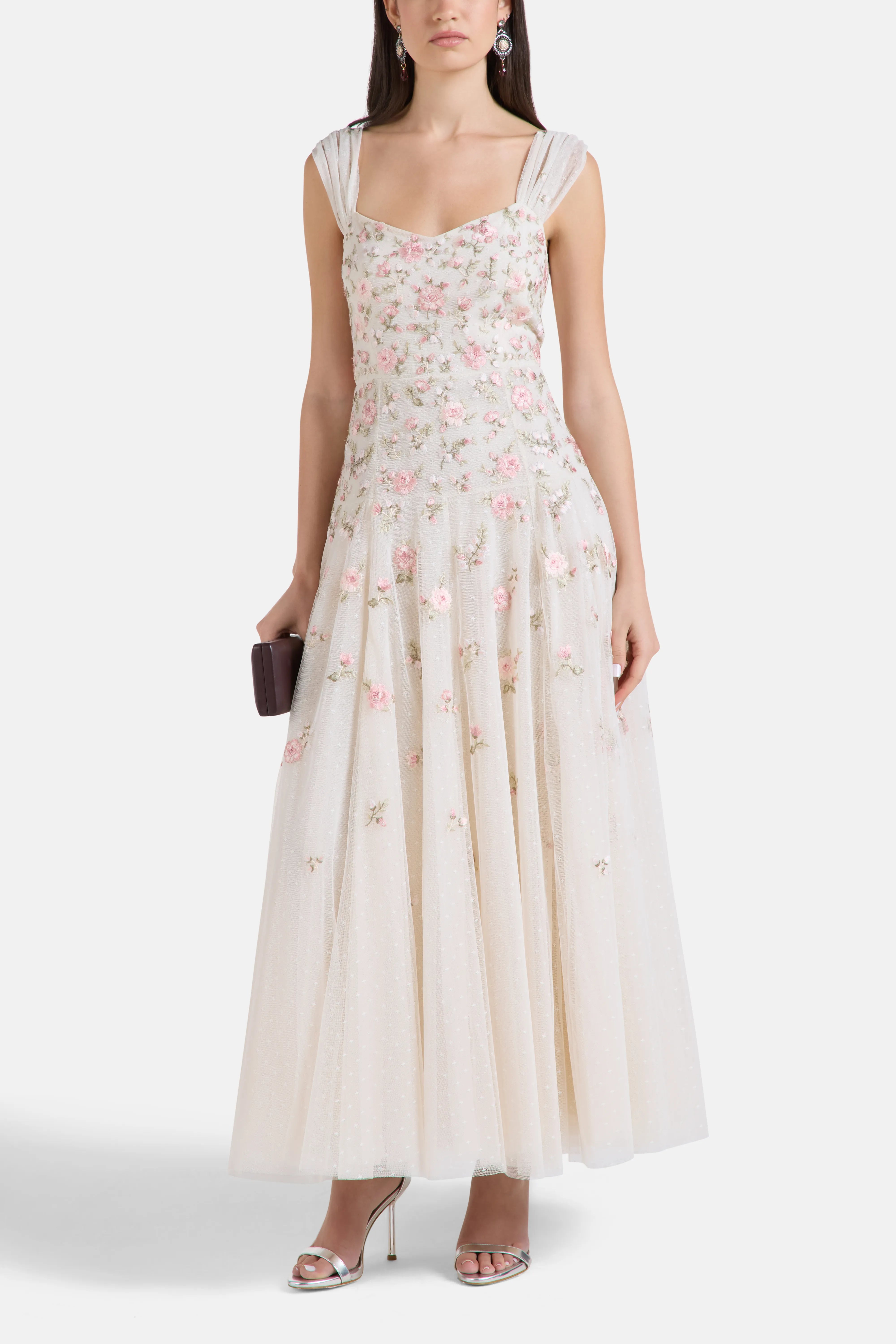 Mayflower Ditsy Floral Sleeveless Evening Dress in Cream