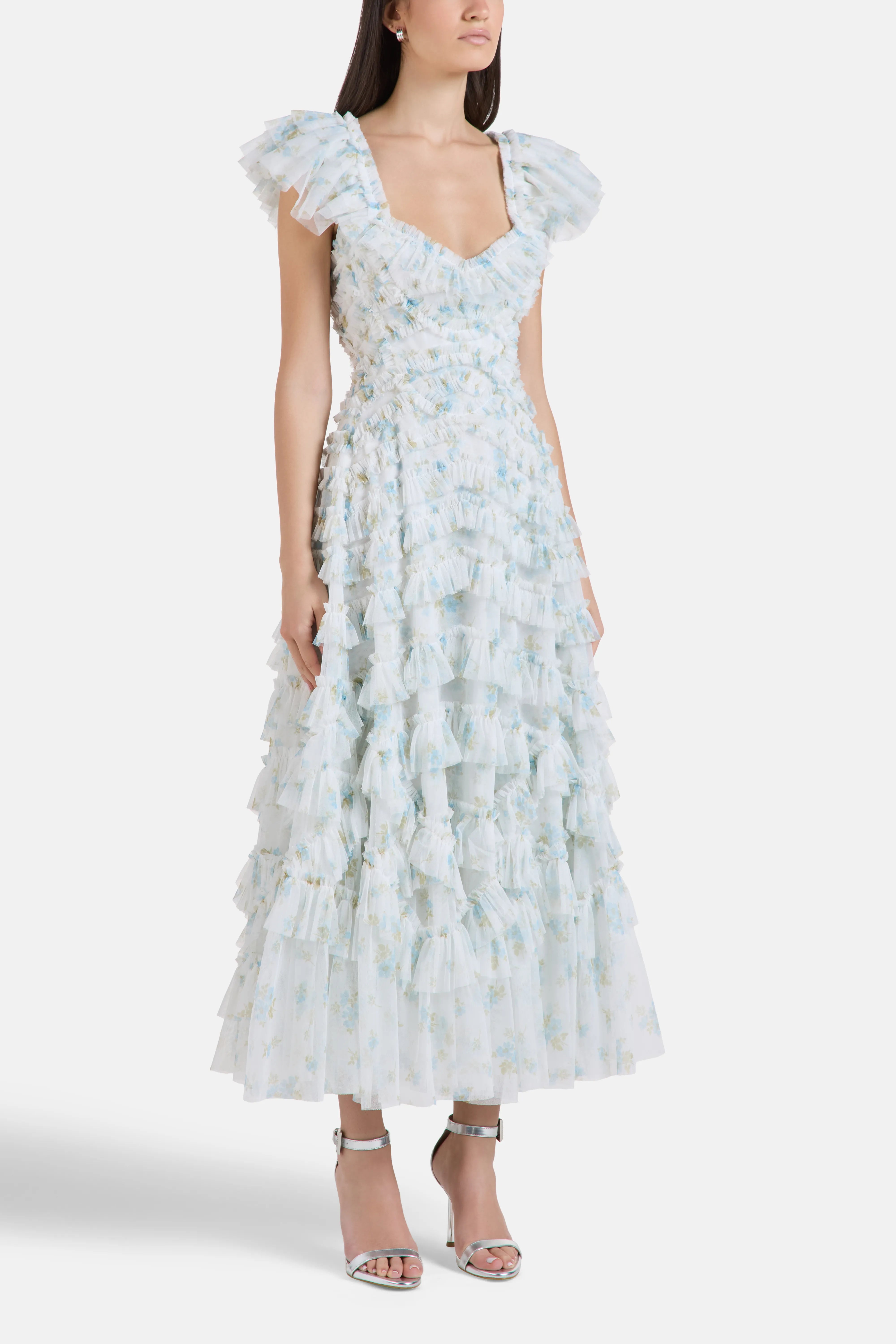 Magnolia Ditsy Lola Ballerina Floral Ruffles Evening Dress in Blue