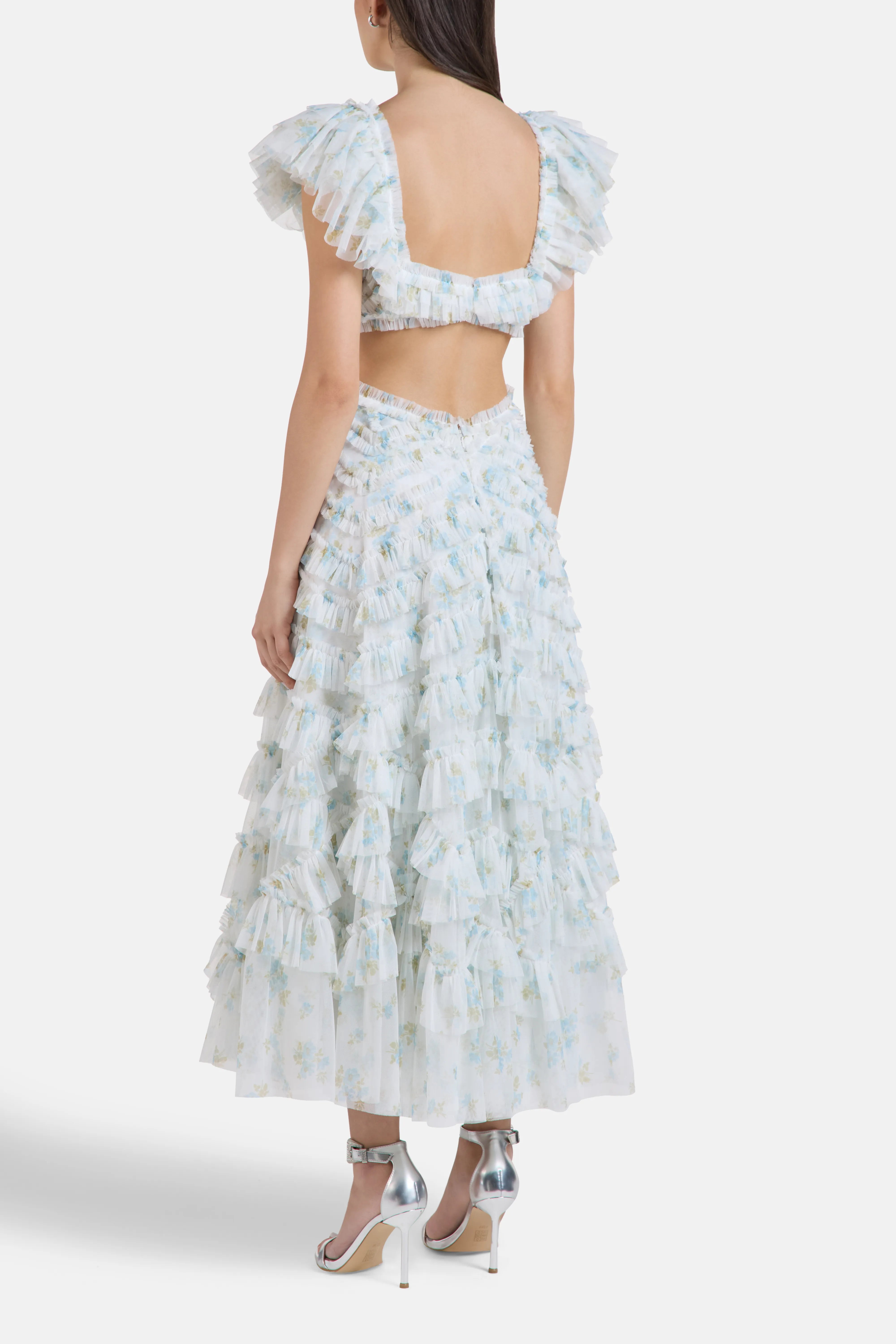 Magnolia Ditsy Lola Ballerina Floral Ruffles Evening Dress in Blue
