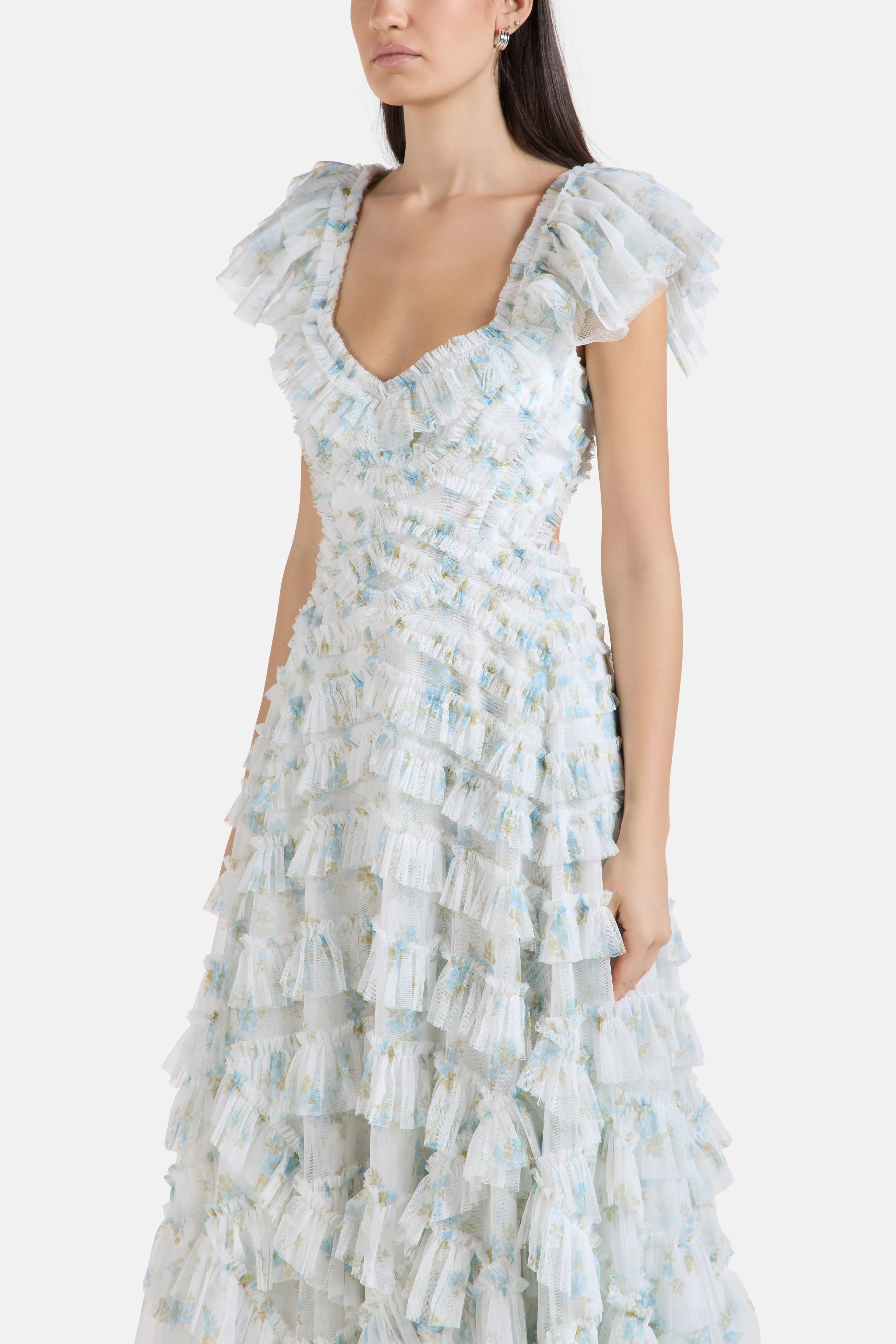 Magnolia Ditsy Lola Ballerina Floral Ruffles Evening Dress in Blue