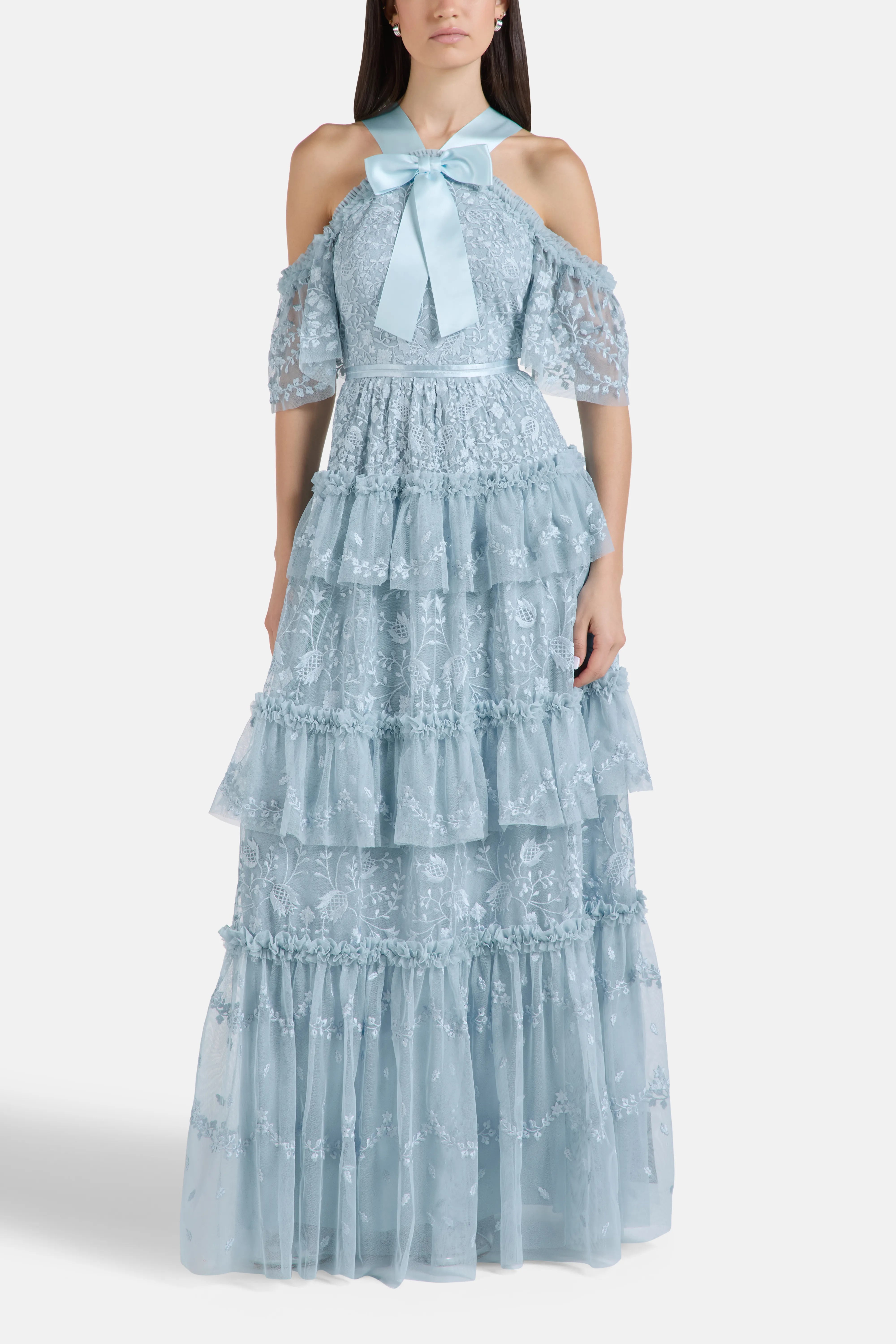 Primrose Ruffles Floral Evening Dress in Blue