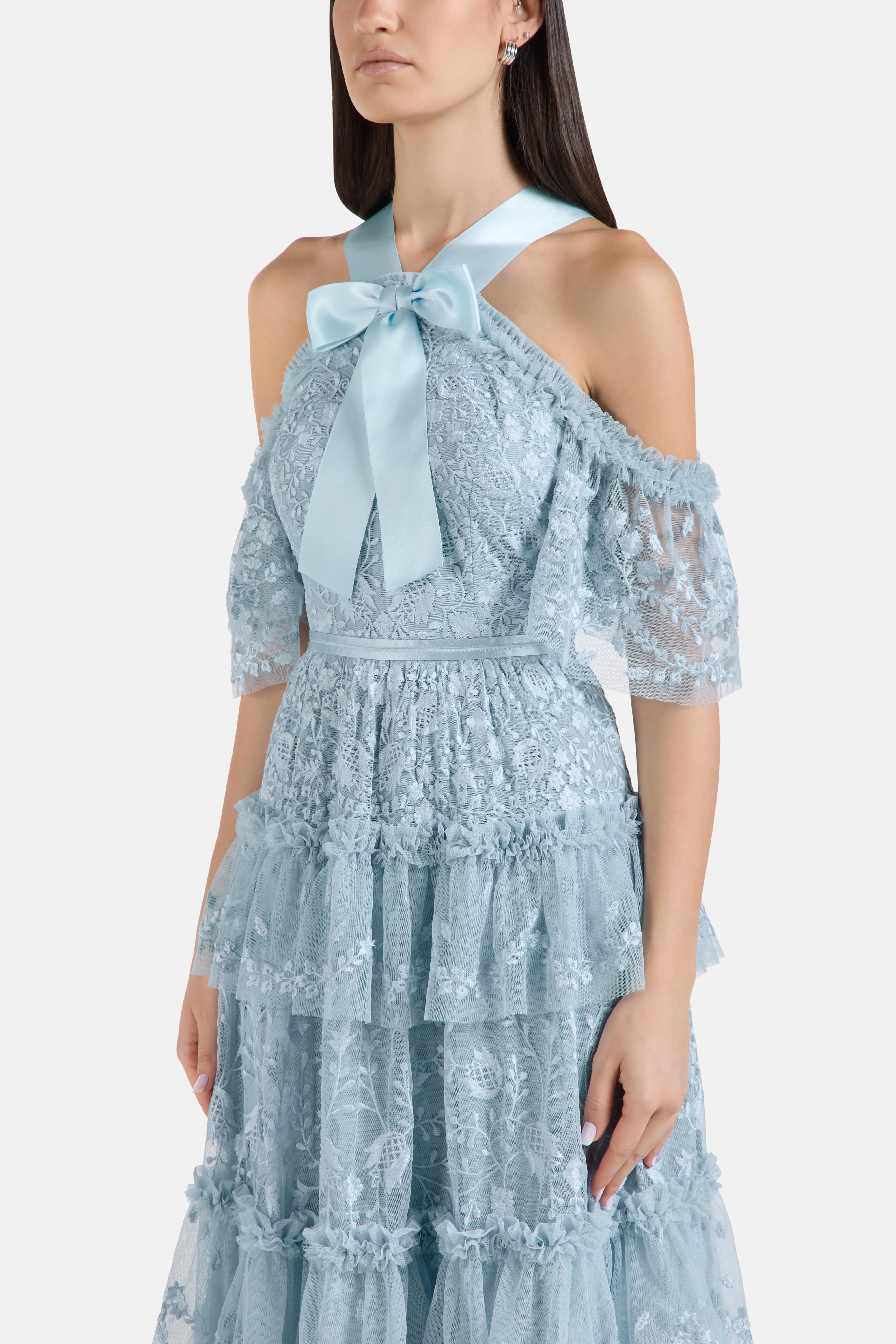 Primrose Ruffles Floral Evening Dress in Blue