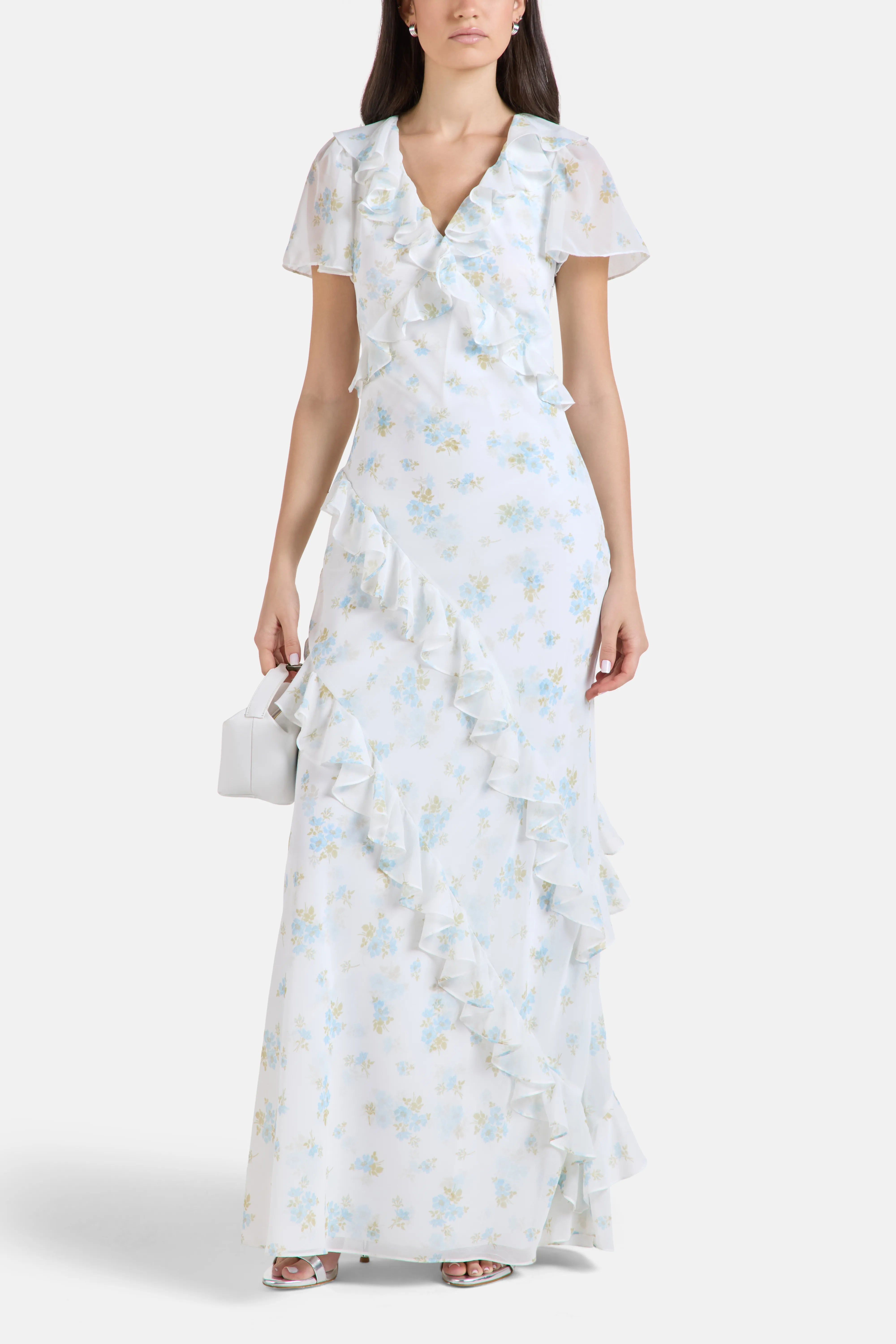 Magnolia Ditsy Georgette Ruffles Evening Maxi in Blue