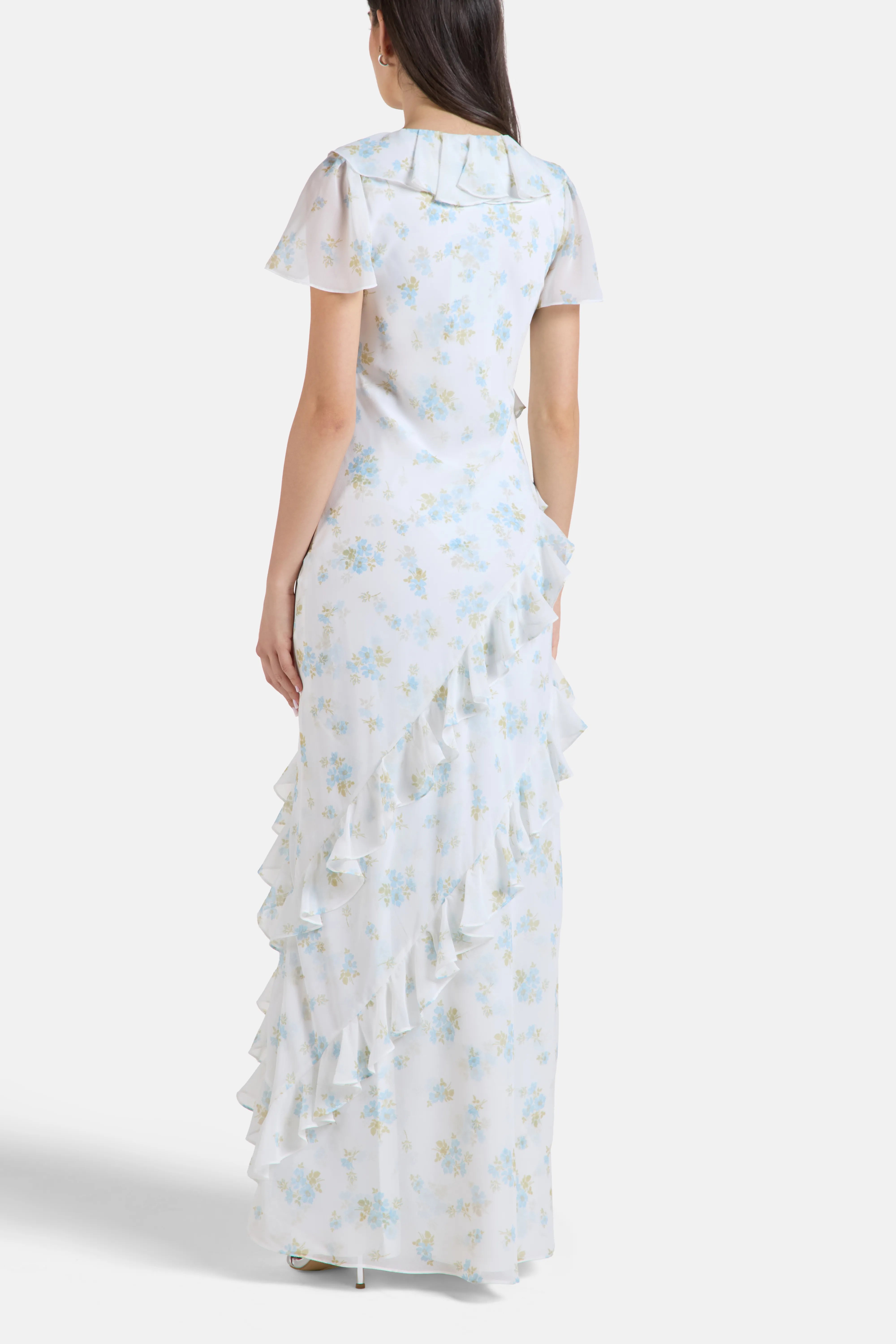 Magnolia Ditsy Georgette Ruffles Evening Maxi in Blue