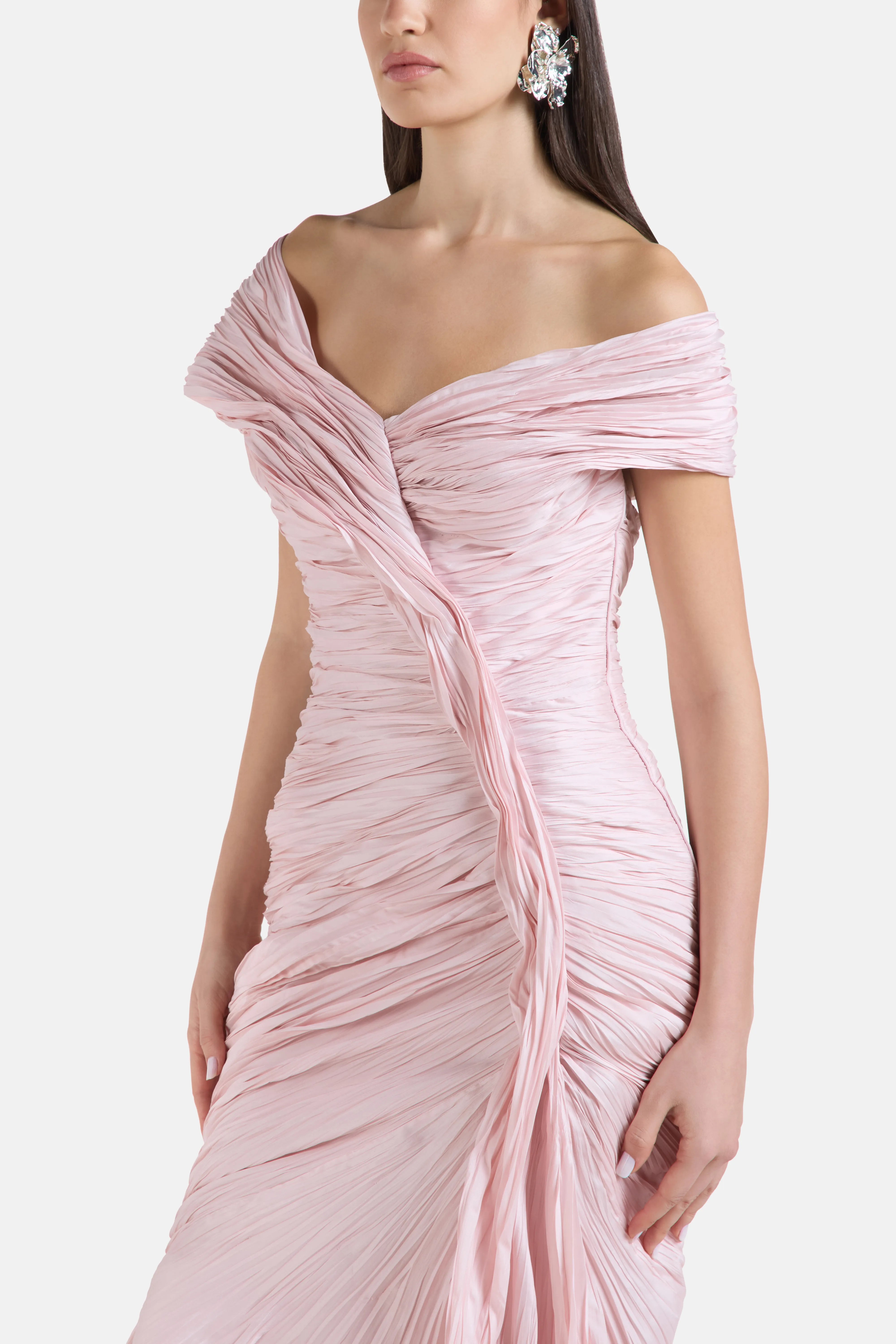 Fishtail Off Shoulder Evenig Gown in Pink