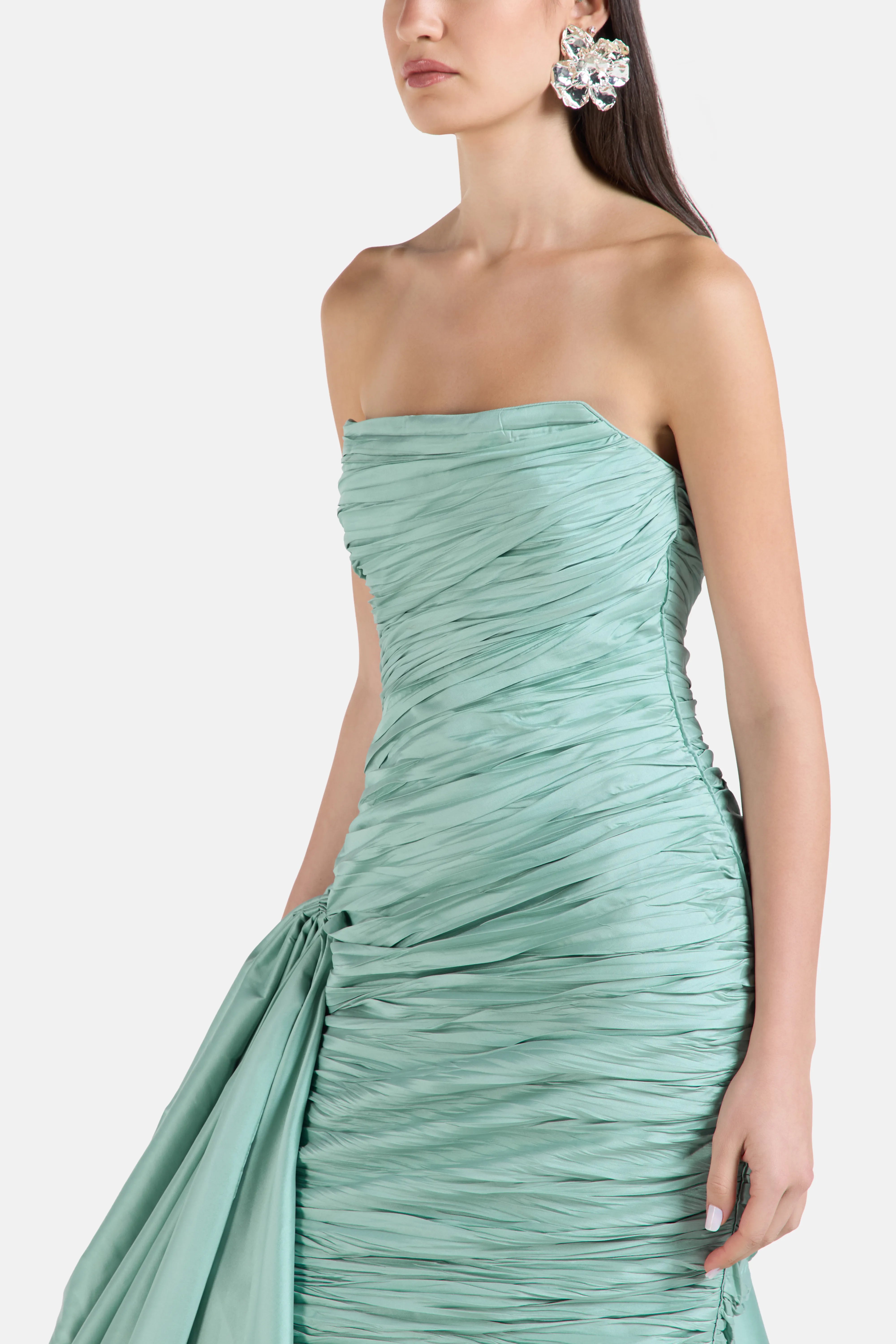 Strapless Evening Gown in Green with Side Train
