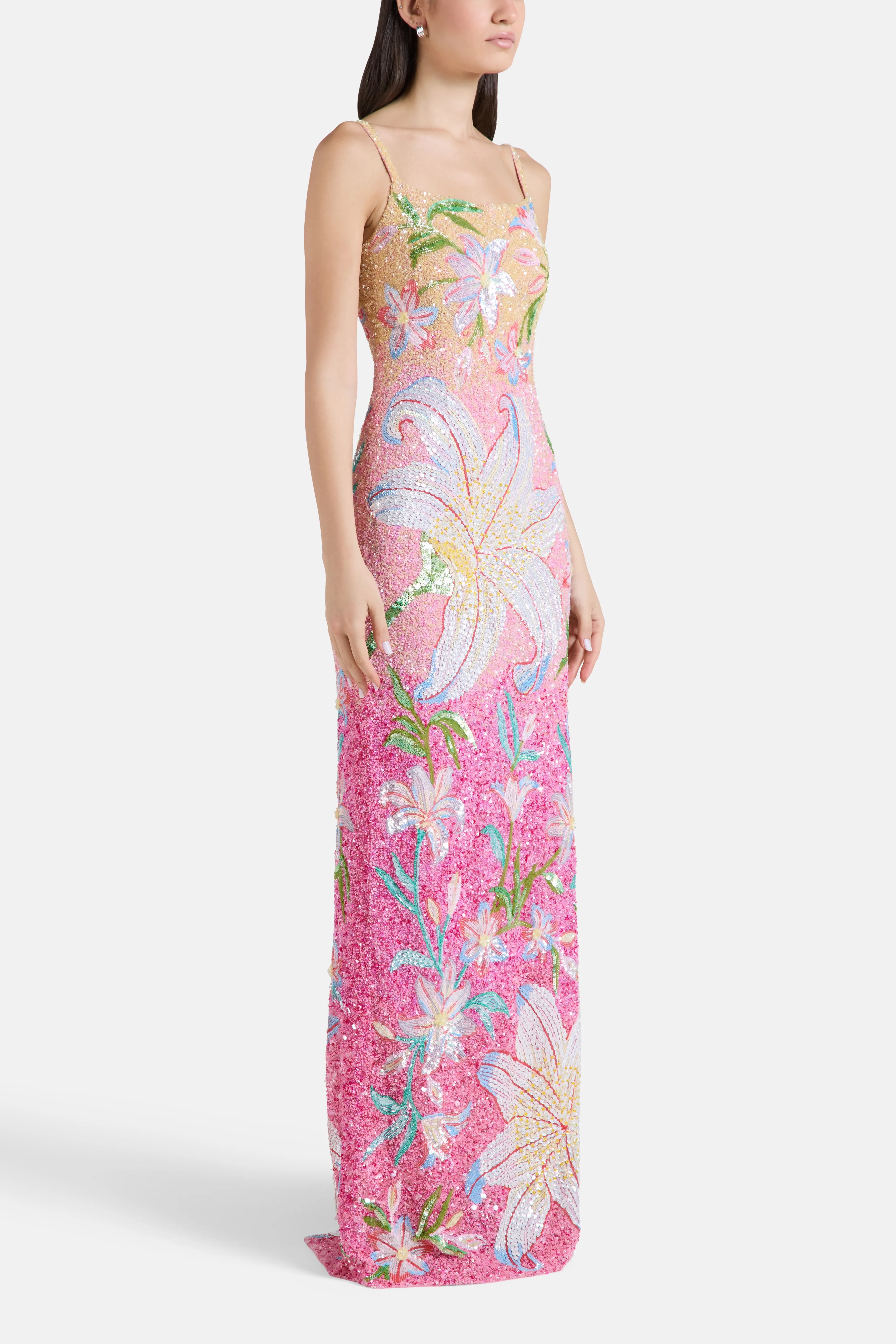 Sunrise Lily Field Floral Sleeveless Sequins Maxi Dress in Pink
