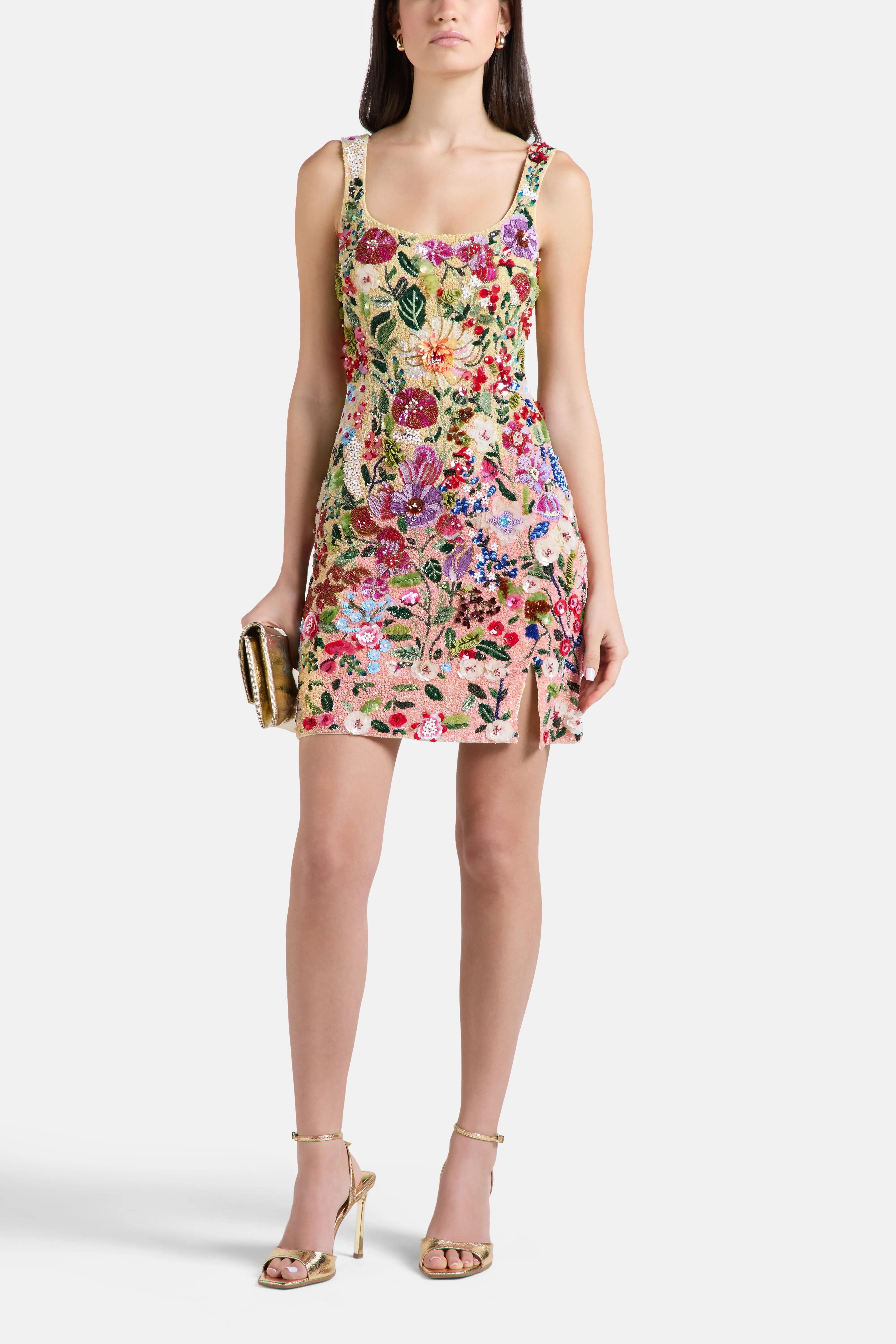 Botanical Symphony Floral Sleeveless Sequins Mini Dress in Pink
