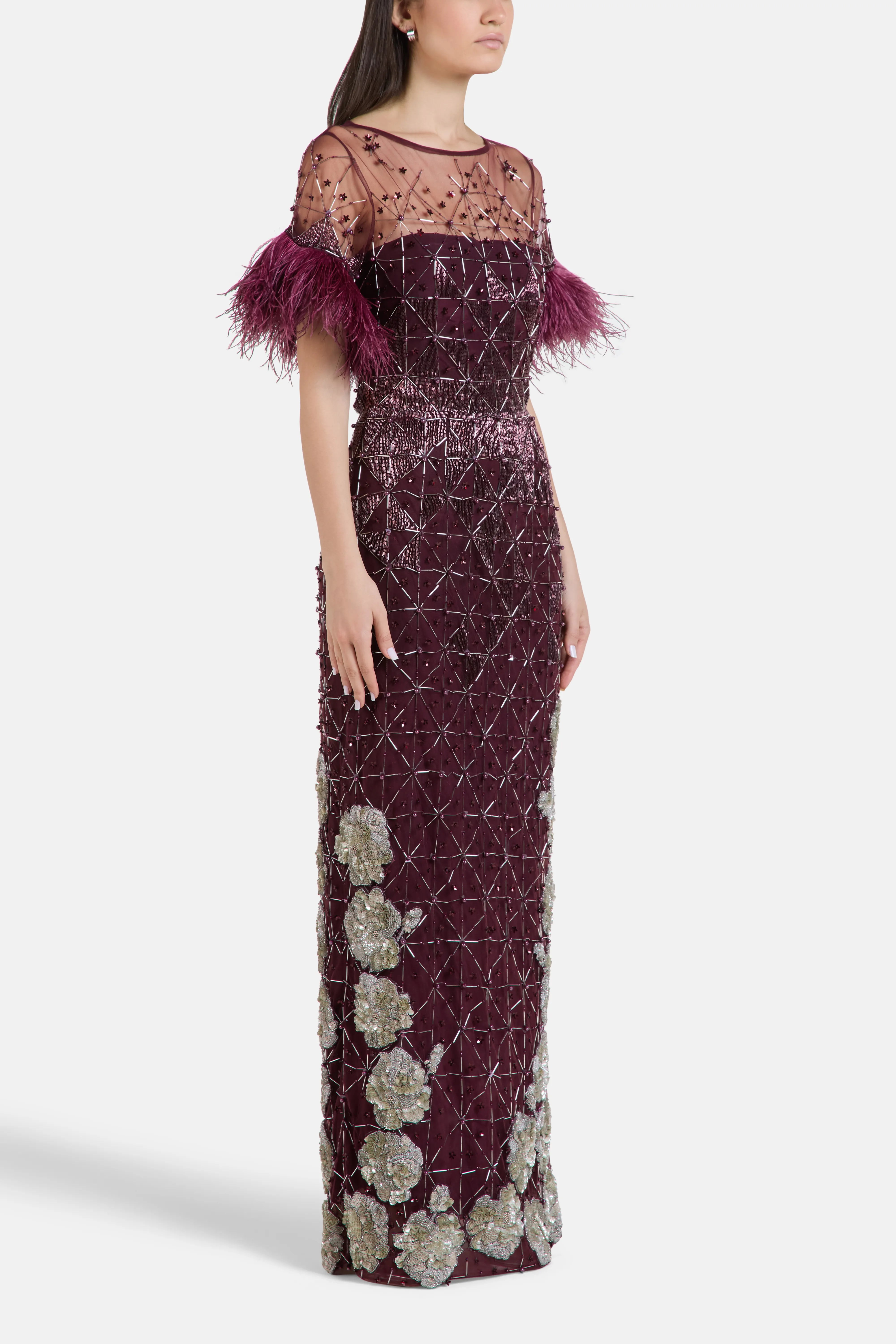 Embroidered Sequins Feathered Sleeves Evening Dress in Burgundy